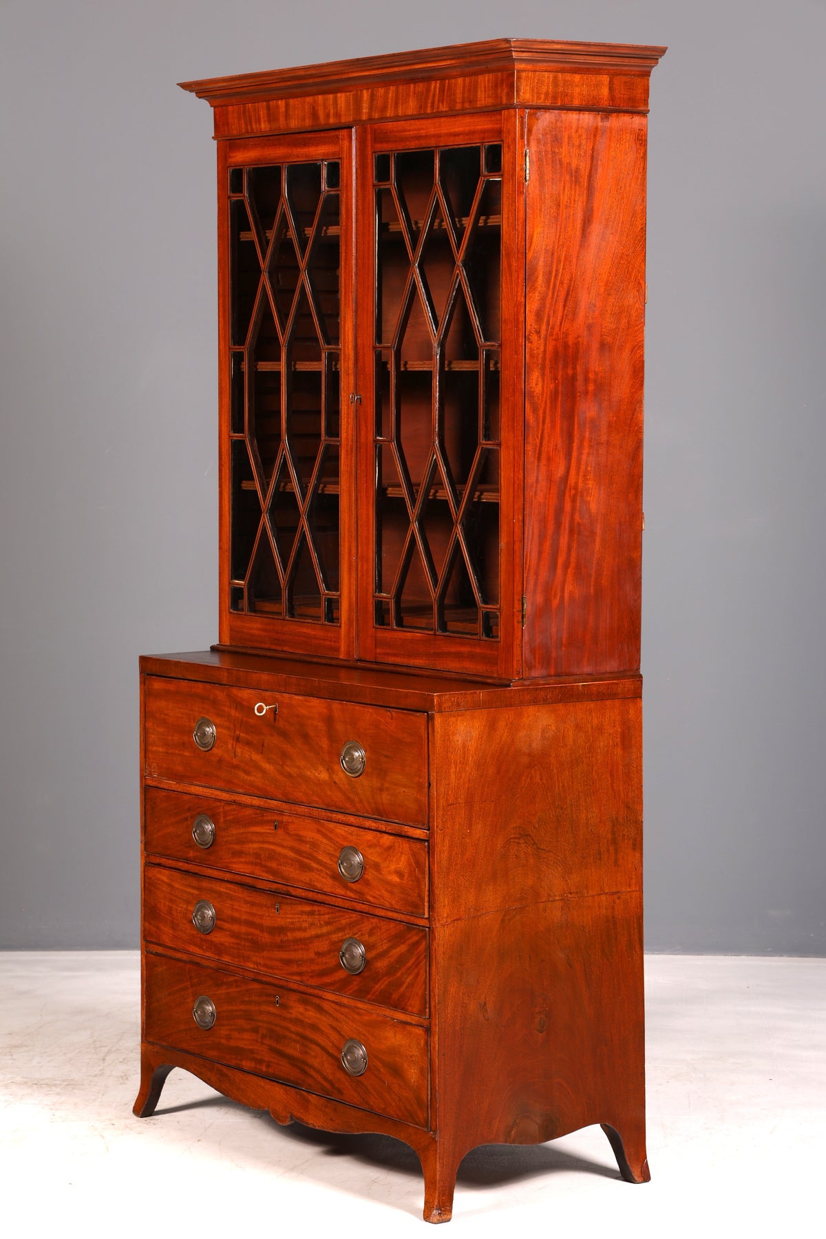 Beautiful antique English secretary desk with hutch, bookcase, display cabinet, mahogany office writing cabinet, UK
