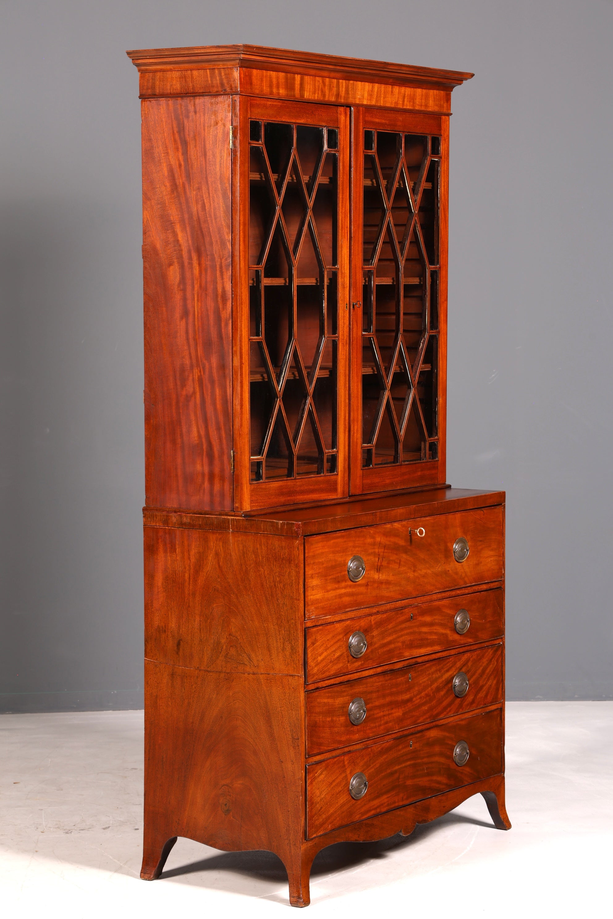 Beautiful antique English secretary desk with hutch, bookcase, display cabinet, mahogany office writing cabinet, UK