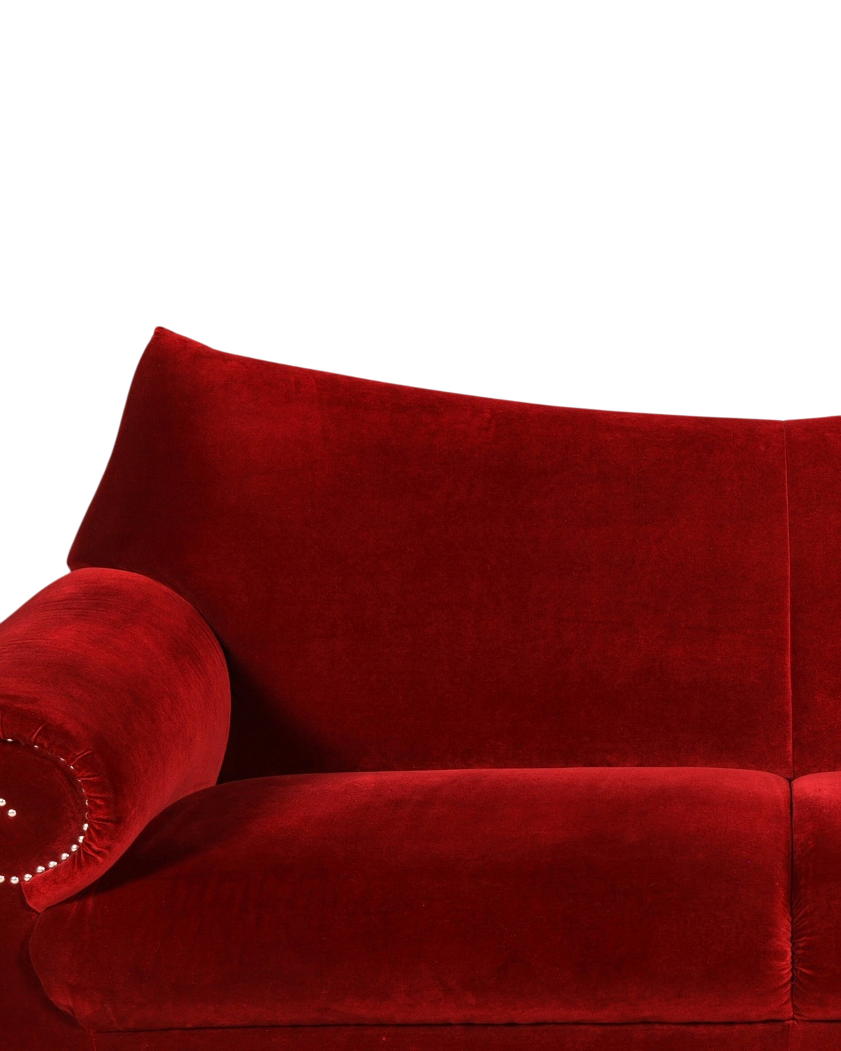 Hauptstadt Möblerei Bretz Gaudi 3-Sitzer Sofa in bordeauxrotem Samt mit geschwungener Armlehne und Ziernägeln