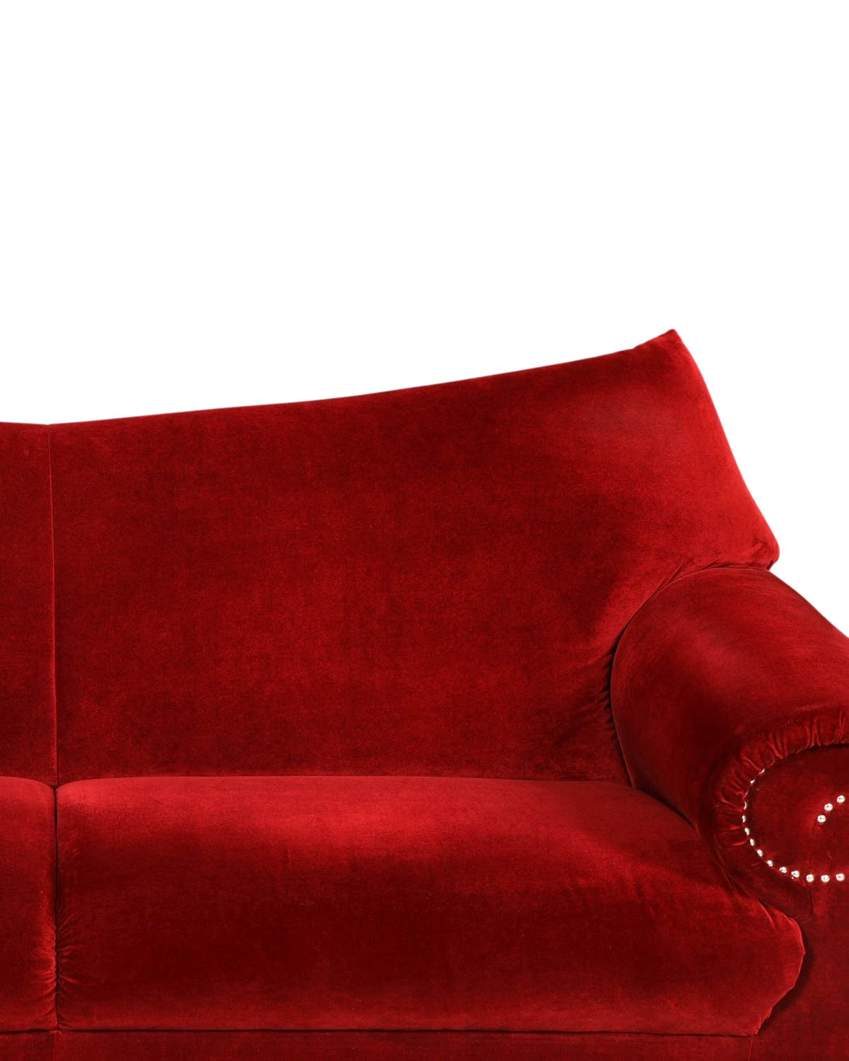 Hauptstadt Möblerei Bretz Gaudi Designer-Sofa in bordeauxrotem Samt mit markanter Armlehne und Ziernägeln