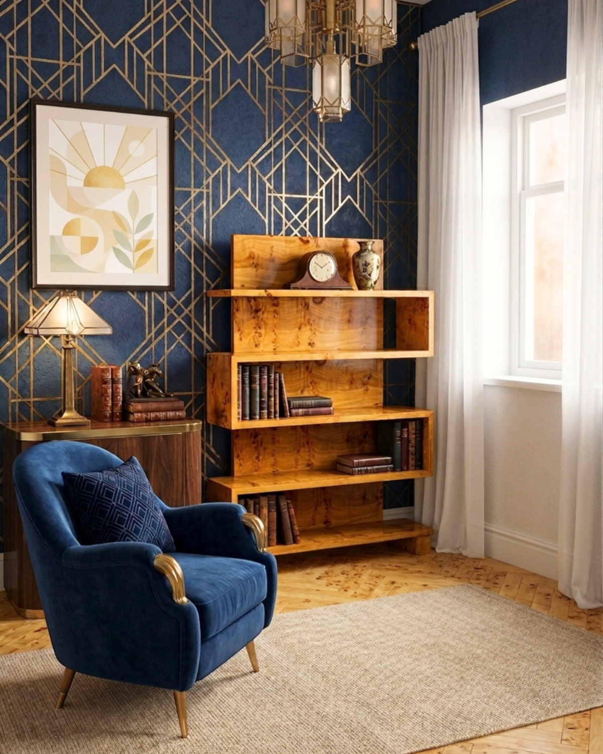 Hauptstadt Möblerei Art Deco Bücherregal aus Birkenholz mit markanter Maserung in einem eleganten Wohnzimmer