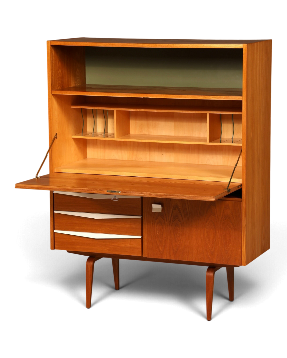 Hauptstadt Möblerei Sekretär aus Teakholz im Mid-Century Design mit ausklappbarer Arbeitsplatte und weißen Schubladen