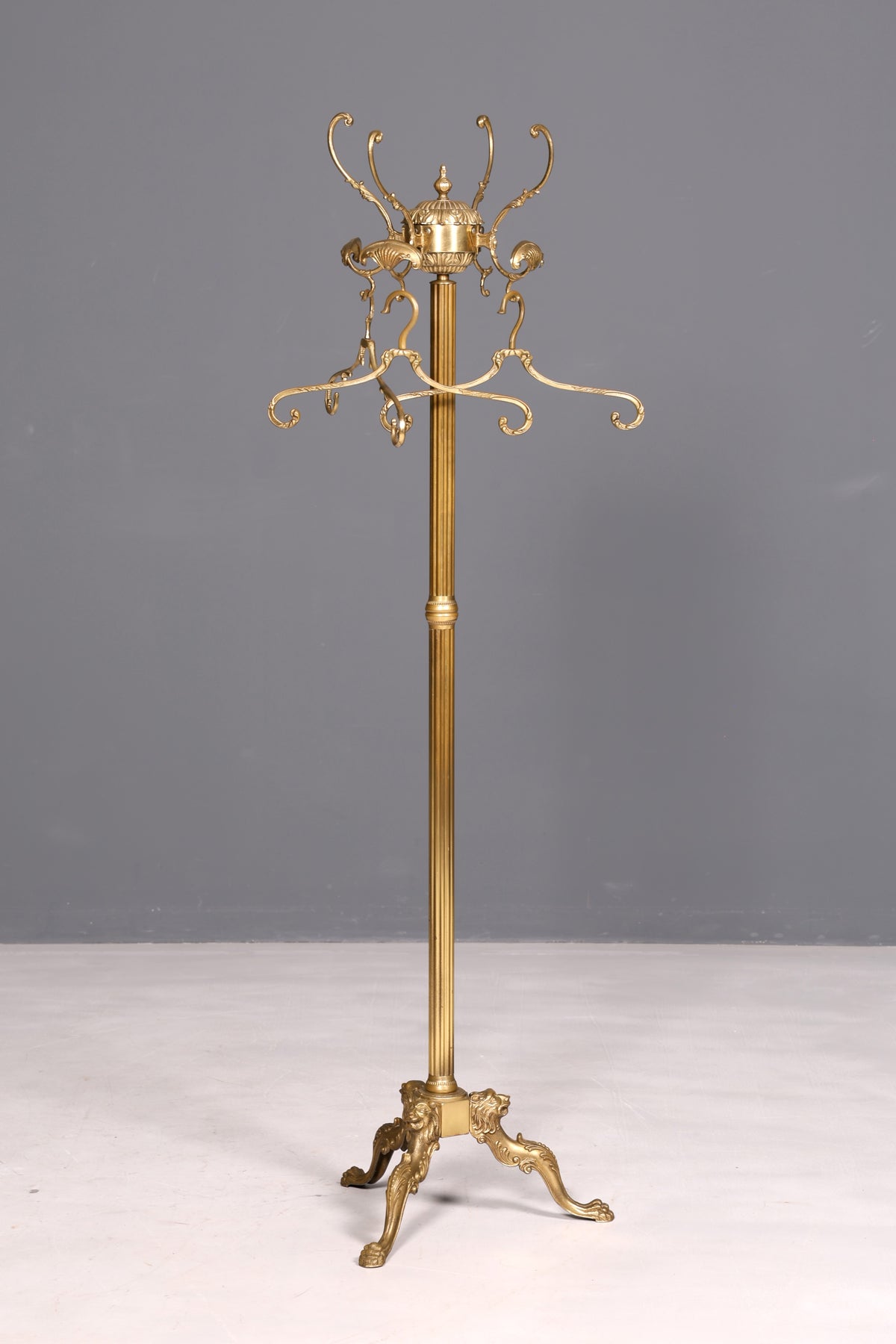 Ornate Art Nouveau brass coat rack with clothes hooks, antique hallway coat stand