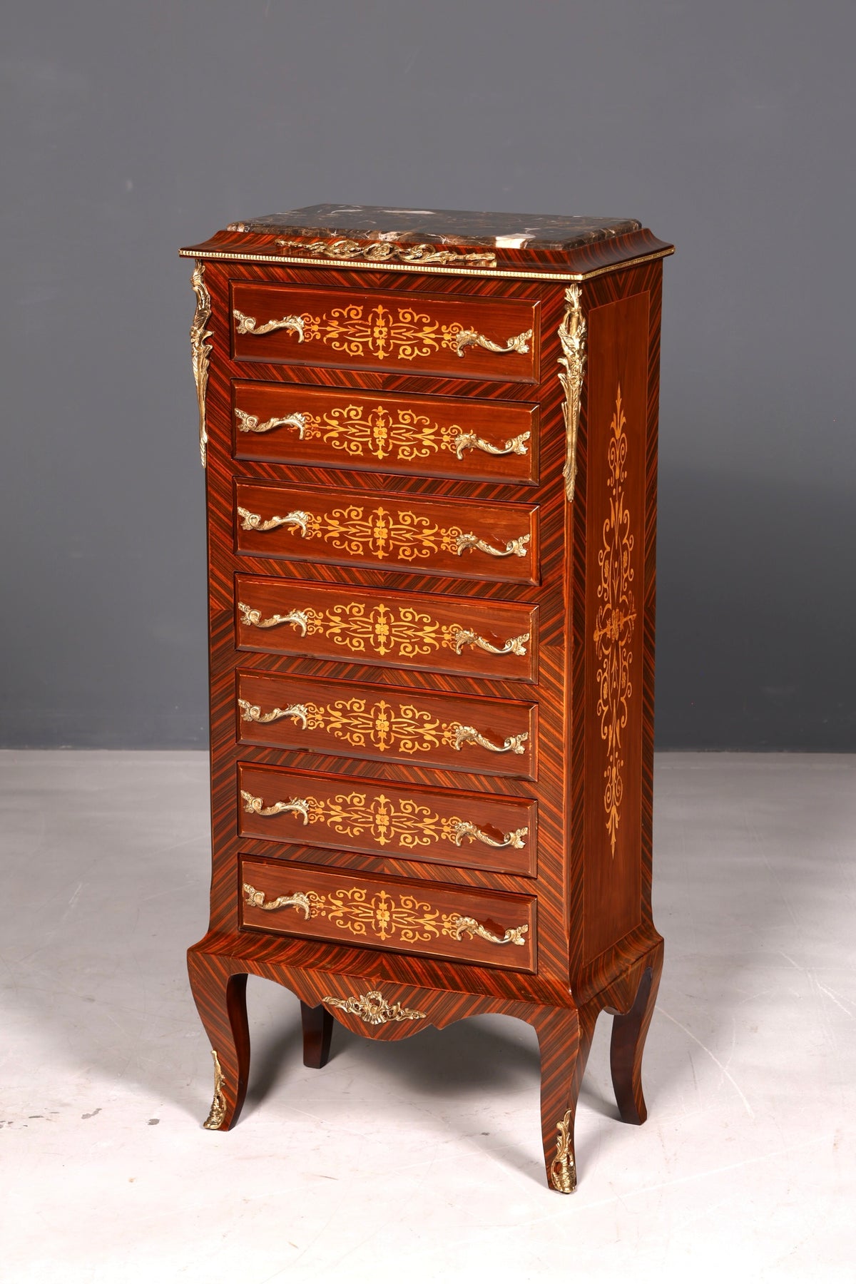 Wunderschönes Barock Stil Louis XV Highboard Marmor Vertiko Intarsien Kommode