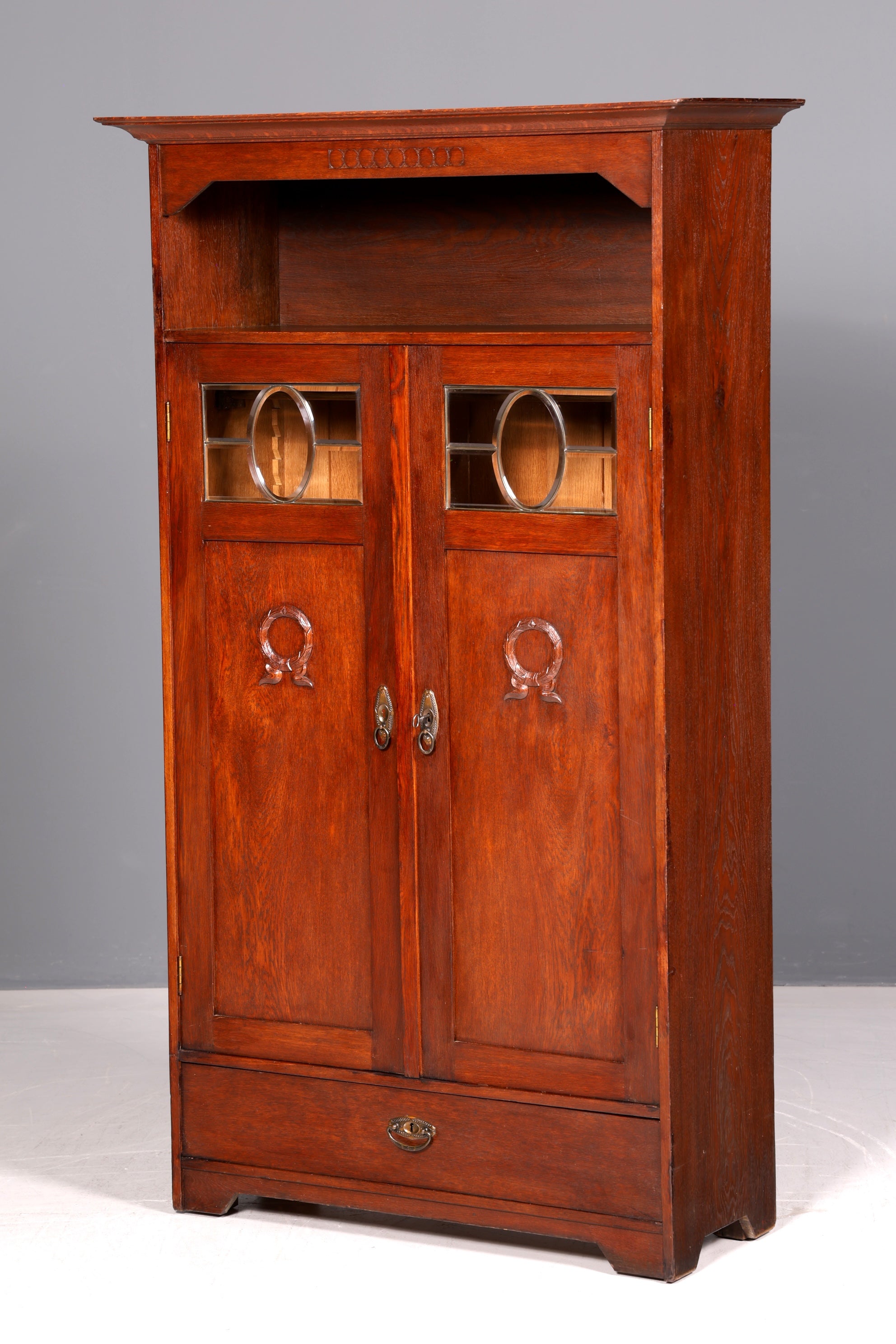 Traumhafte Jugendstil Vitrine Eiche Antik Bücherschrank Geschirrschrank Massiv Holz Glasvitrine Vitrinenschrank Vintage