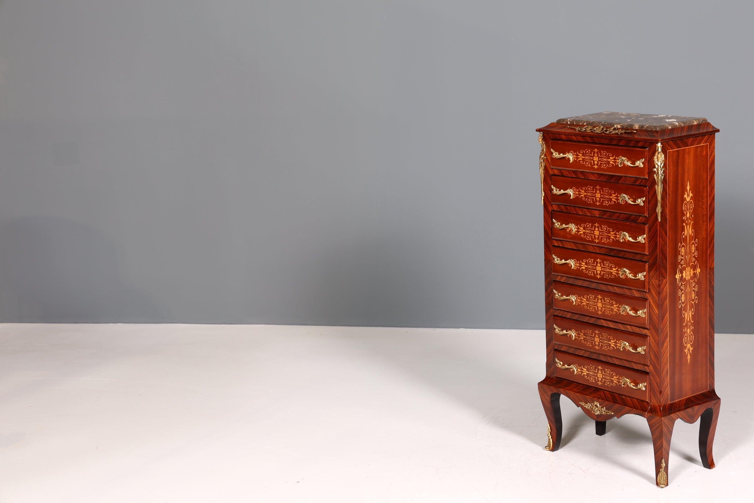 Wunderschönes Barock Stil Louis XV Highboard Marmor Vertiko Intarsien Kommode