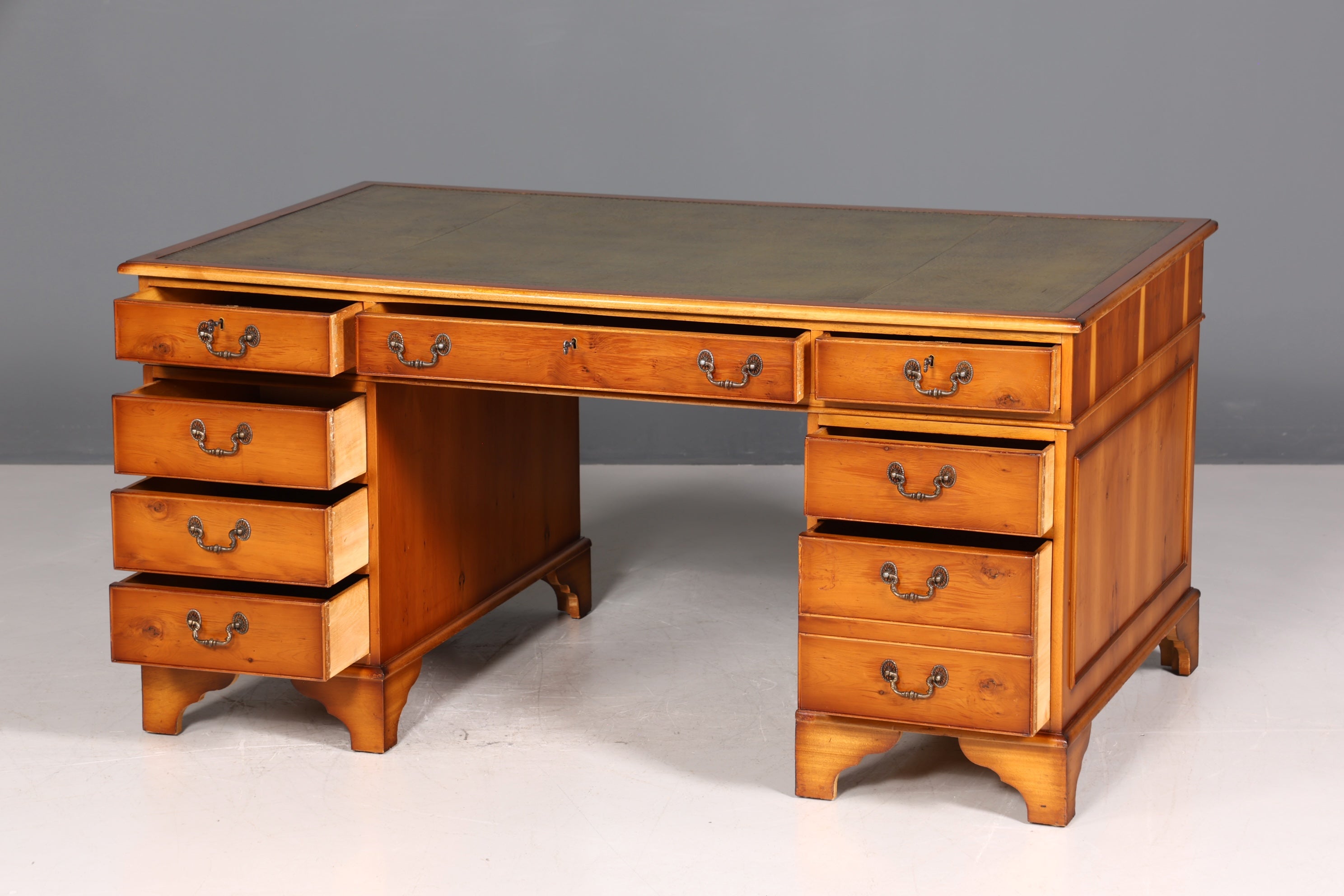 Beautiful English desk, yew wood, leather top, antique style office desk