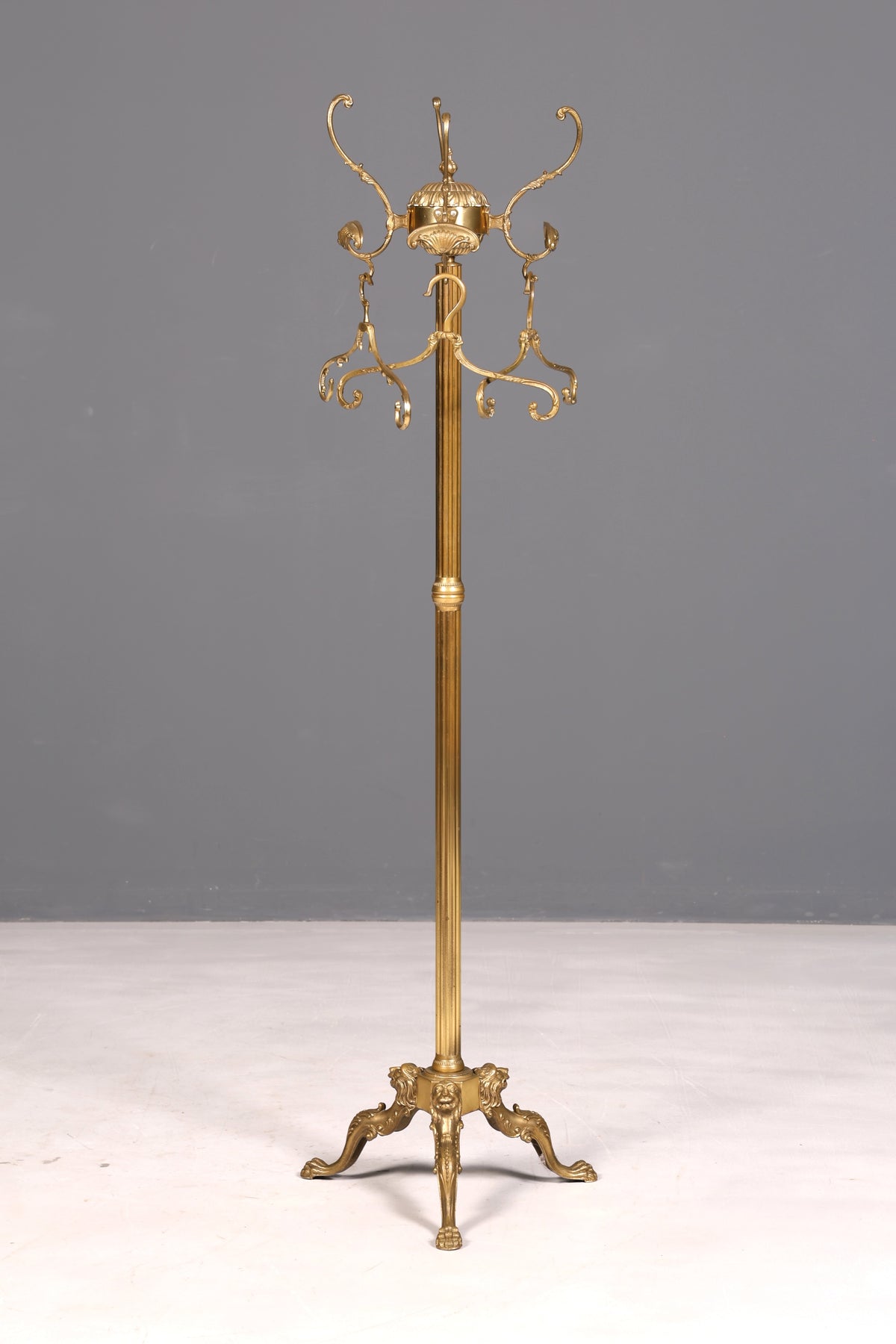 Ornate Art Nouveau brass coat rack with clothes hooks, antique hallway coat stand