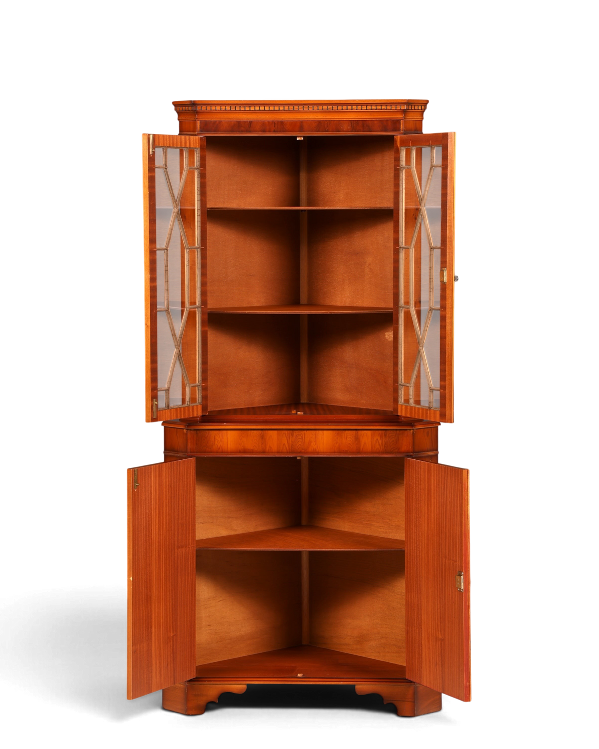 Hauptstadt Möblerei englische Eckvitrine aus massivem Holz im 60er Jahre Stil mit verglasten Türen und Stauraum
