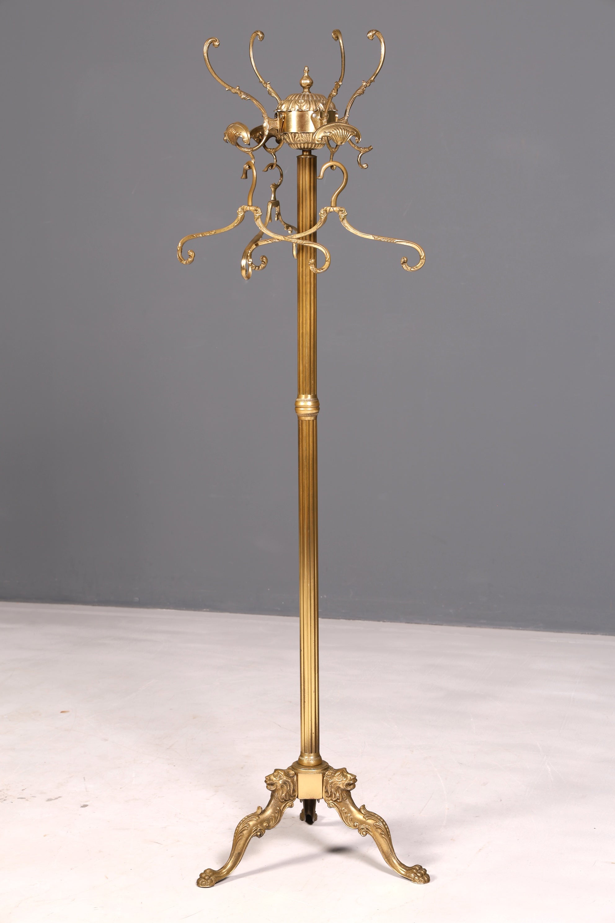 Ornate Art Nouveau brass coat rack with clothes hooks, antique hallway coat stand
