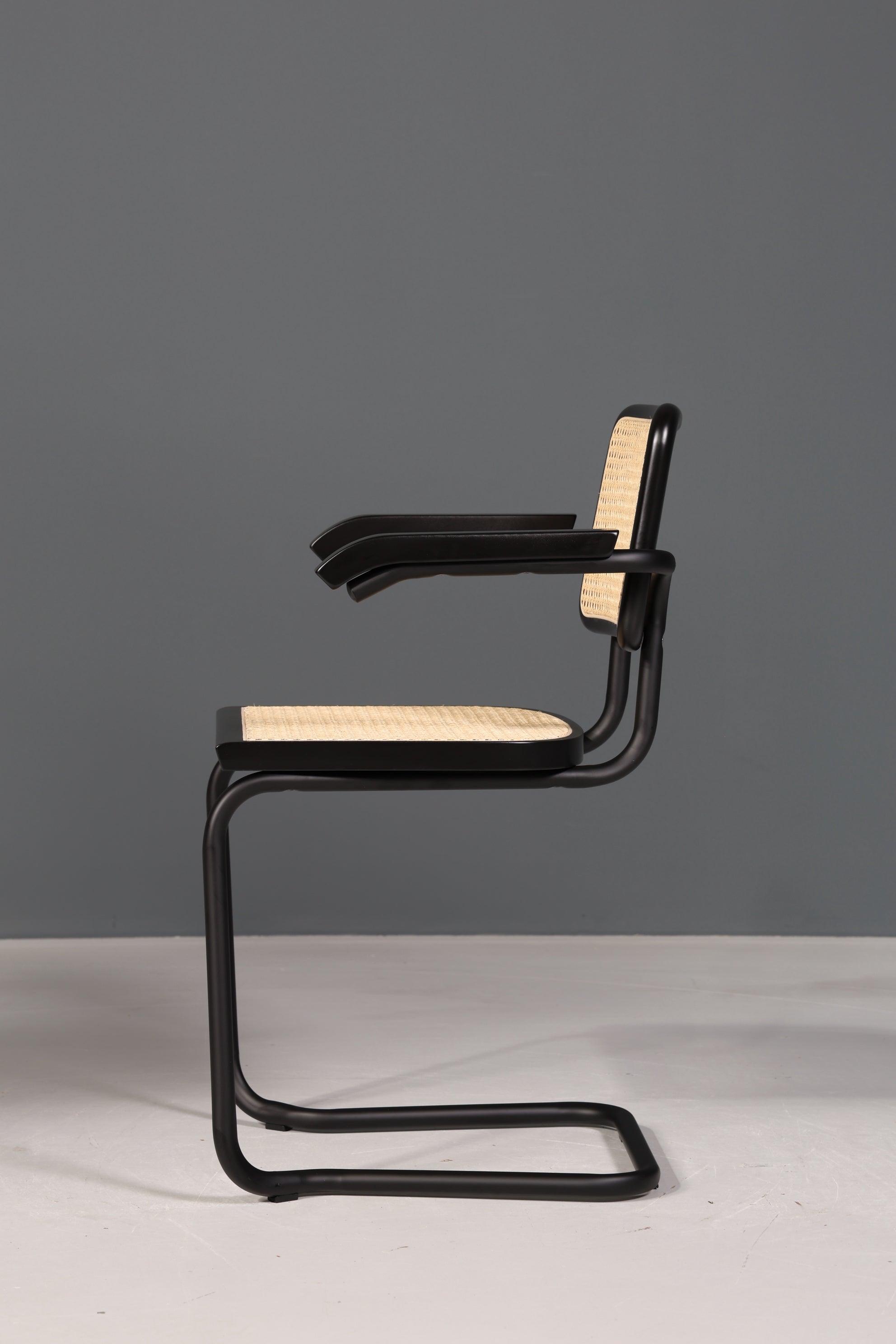 Freischwinger Armlehnstuhl "Milano" Made in Italy Schwarz Korbgeflecht Stuhl Wippstuhl Sekretär Stuhl Küchenstuhl