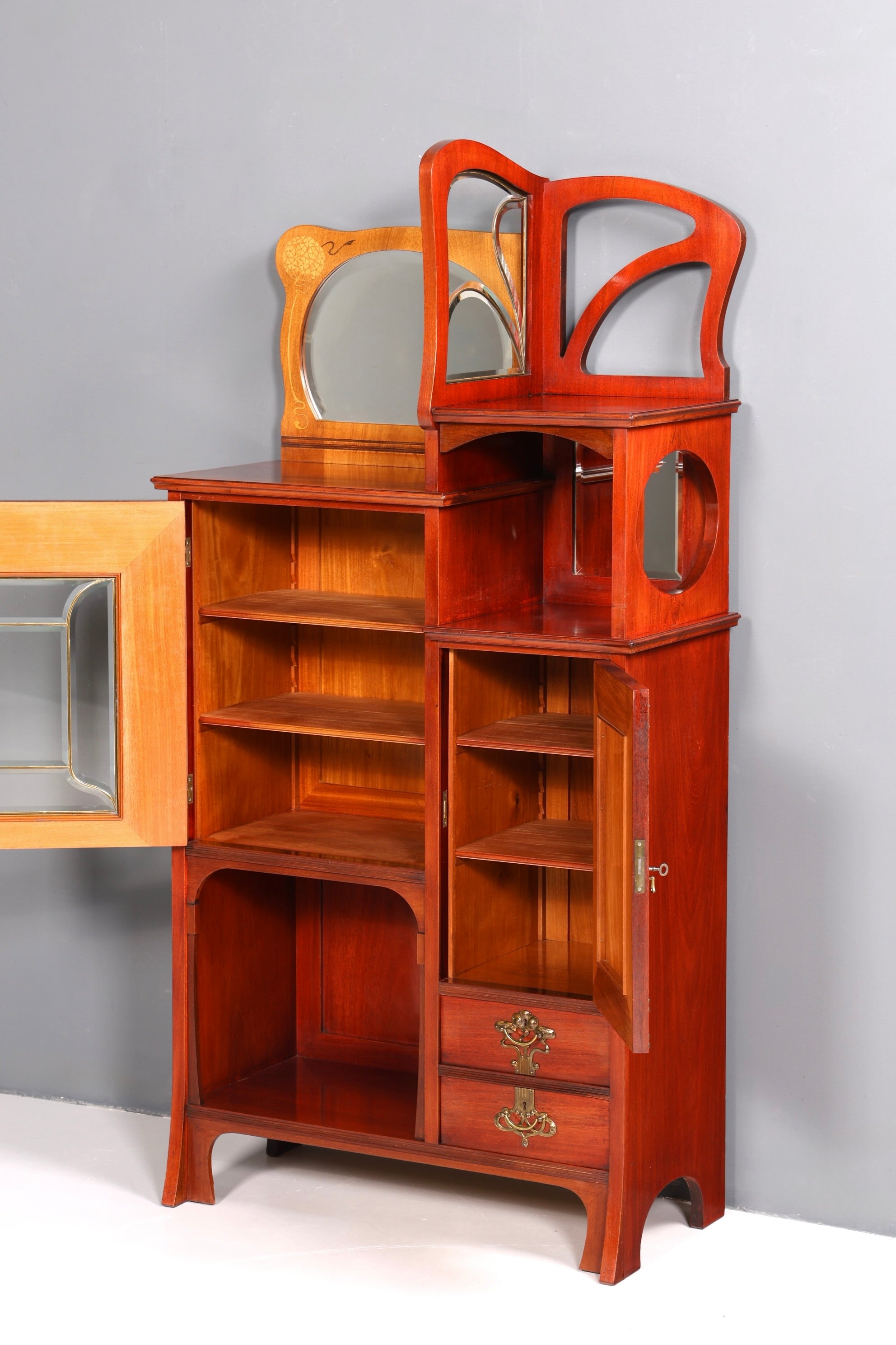 Filigraner Jugendstil Schrank um 1910 echt Holz Vertiko Vitrine Antik Regal Glasvitrine