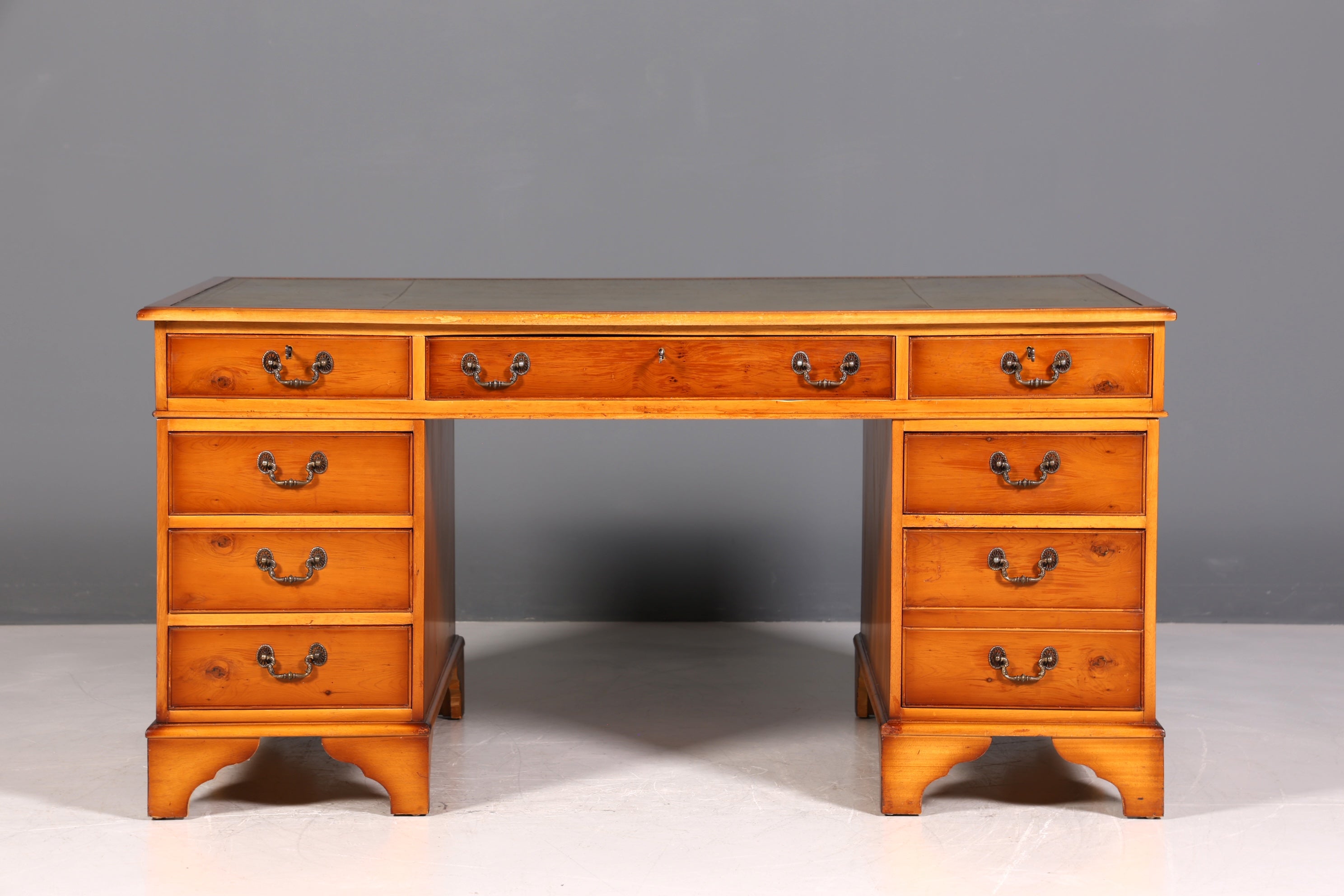 Beautiful English desk, yew wood, leather top, antique style office desk