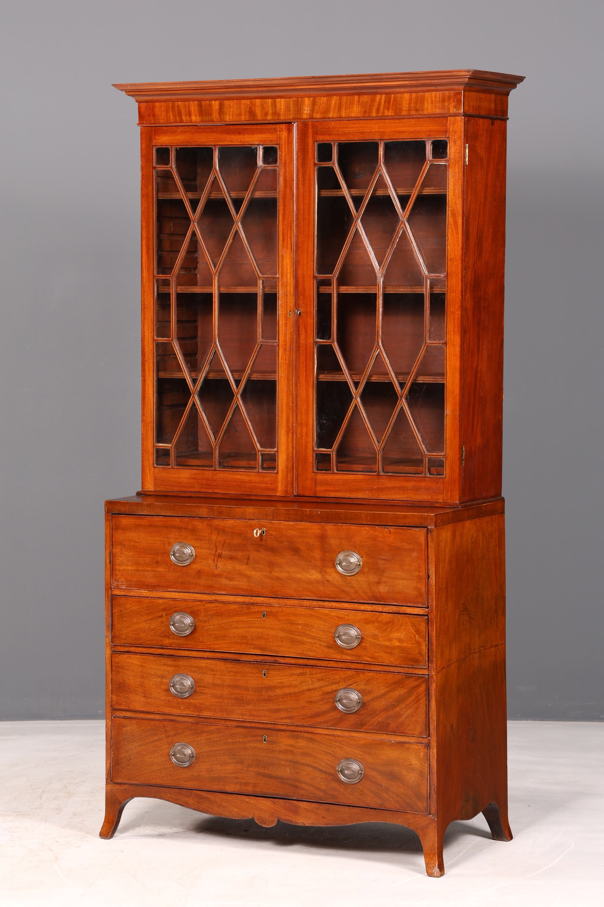 Beautiful antique English secretary desk with hutch, bookcase, display cabinet, mahogany office writing cabinet, UK
