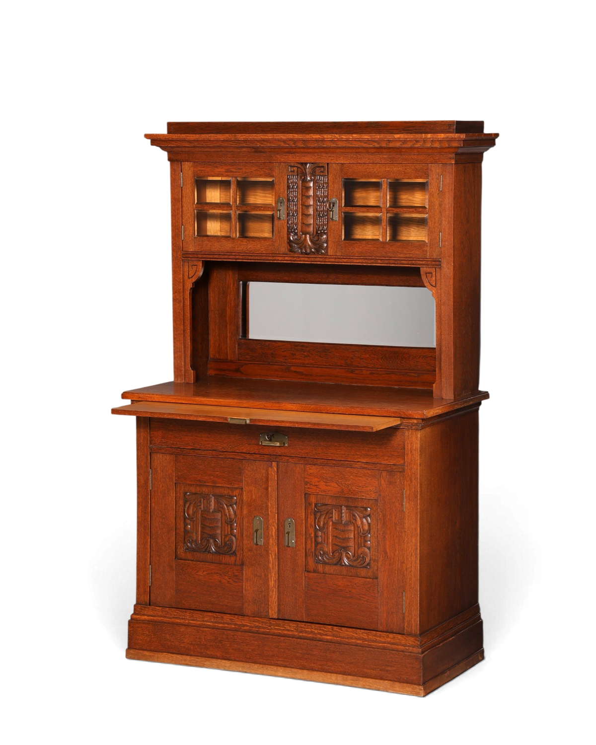Hauptstadt Möblerei antikes Jugendstil Buffet aus Eiche mit Schnitzereien, Vitrine und Spiegel