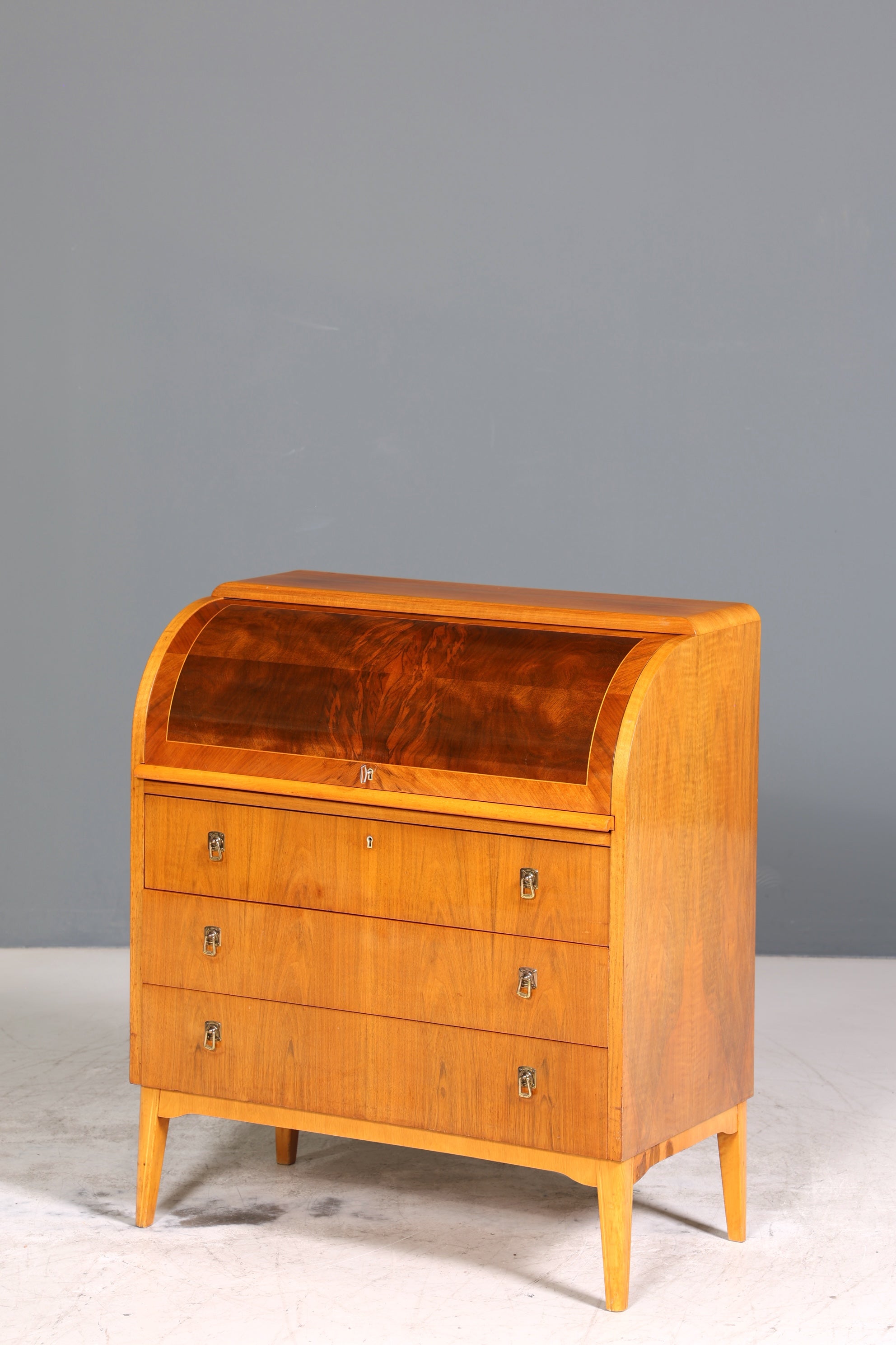 Schlichter Mid Century Rollladen Sekretär echt Holz Büro Schrank Vintage Schreibkommode