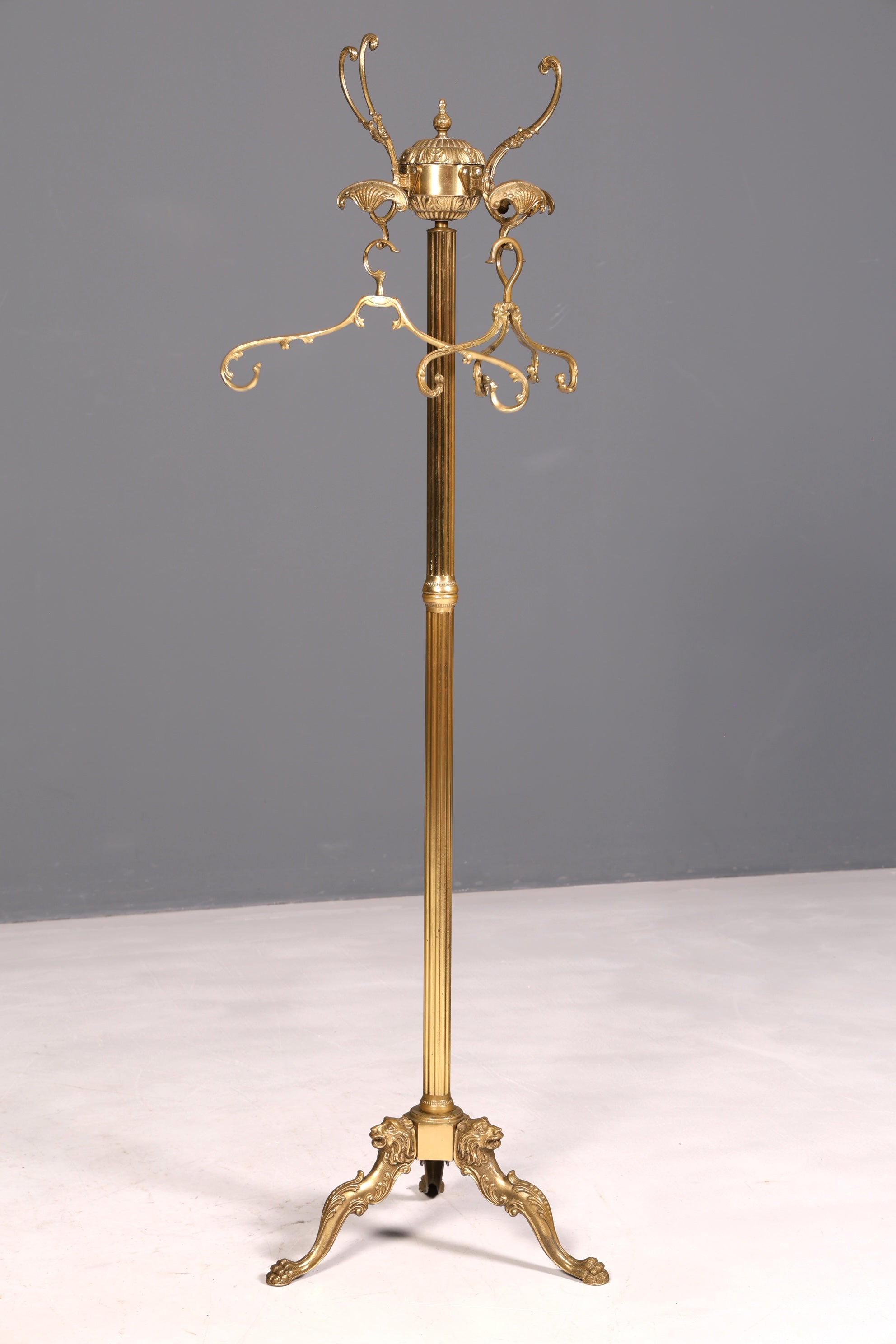 Ornate Art Nouveau brass coat rack with clothes hooks, antique hallway coat stand