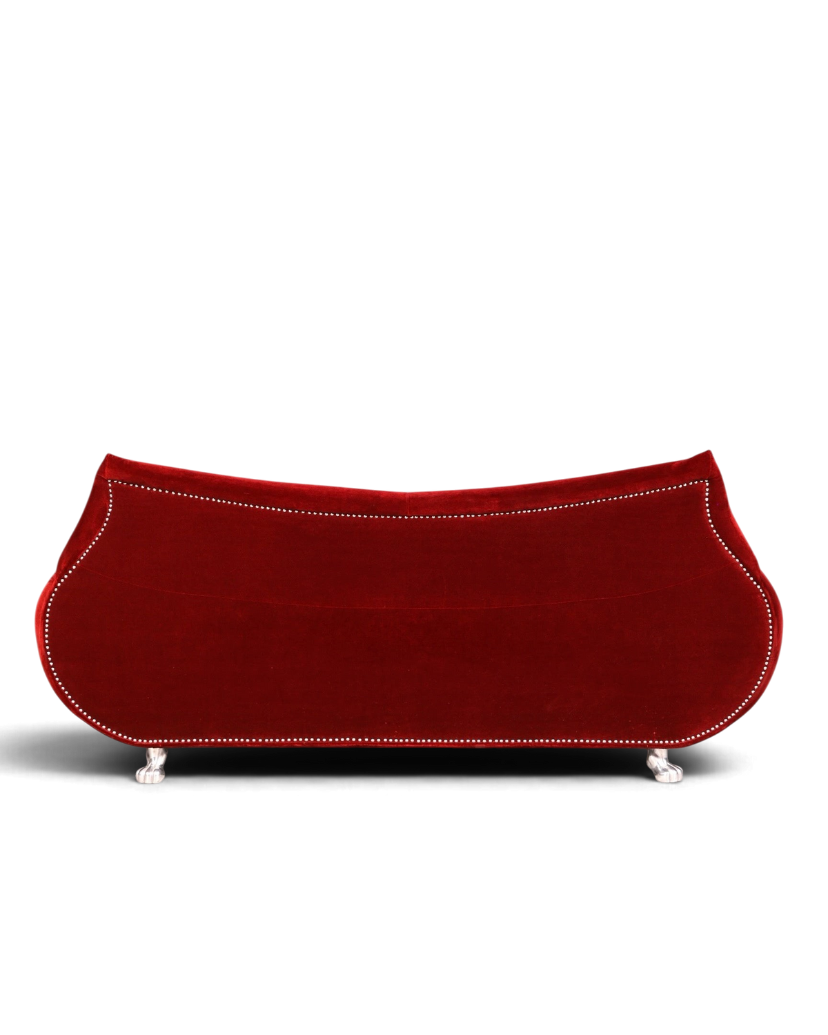 Hauptstadt Möblerei Bretz Gaudi 3-Sitzer Sofa in bordeauxrotem Samt mit geschwungener Silhouette und Ziernägeln