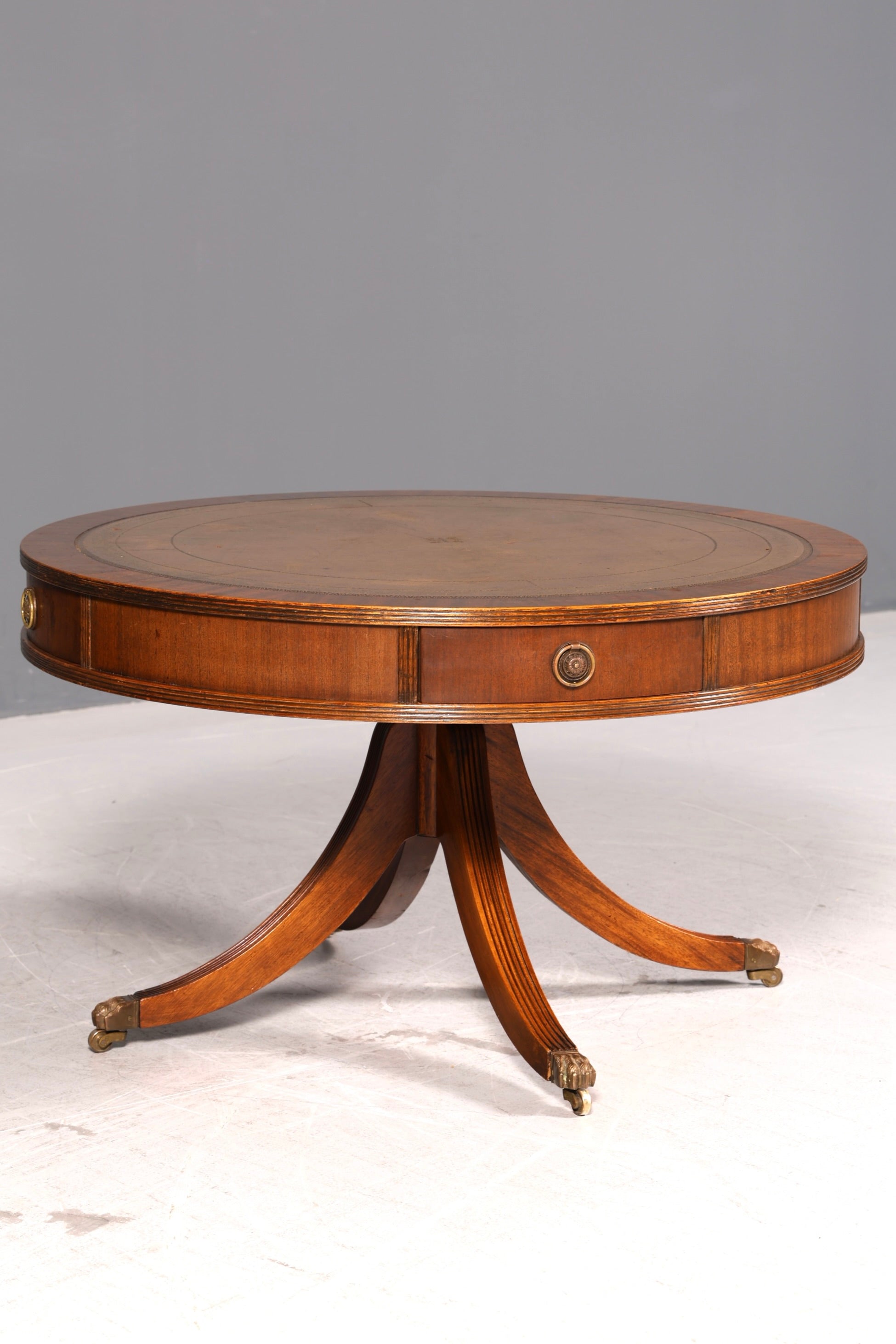Wunderschöner Englischer Trommeltisch Couchtisch Mahagoni Regency Echt Lederauflage Drum Table Beistelltisch Antik Vintage