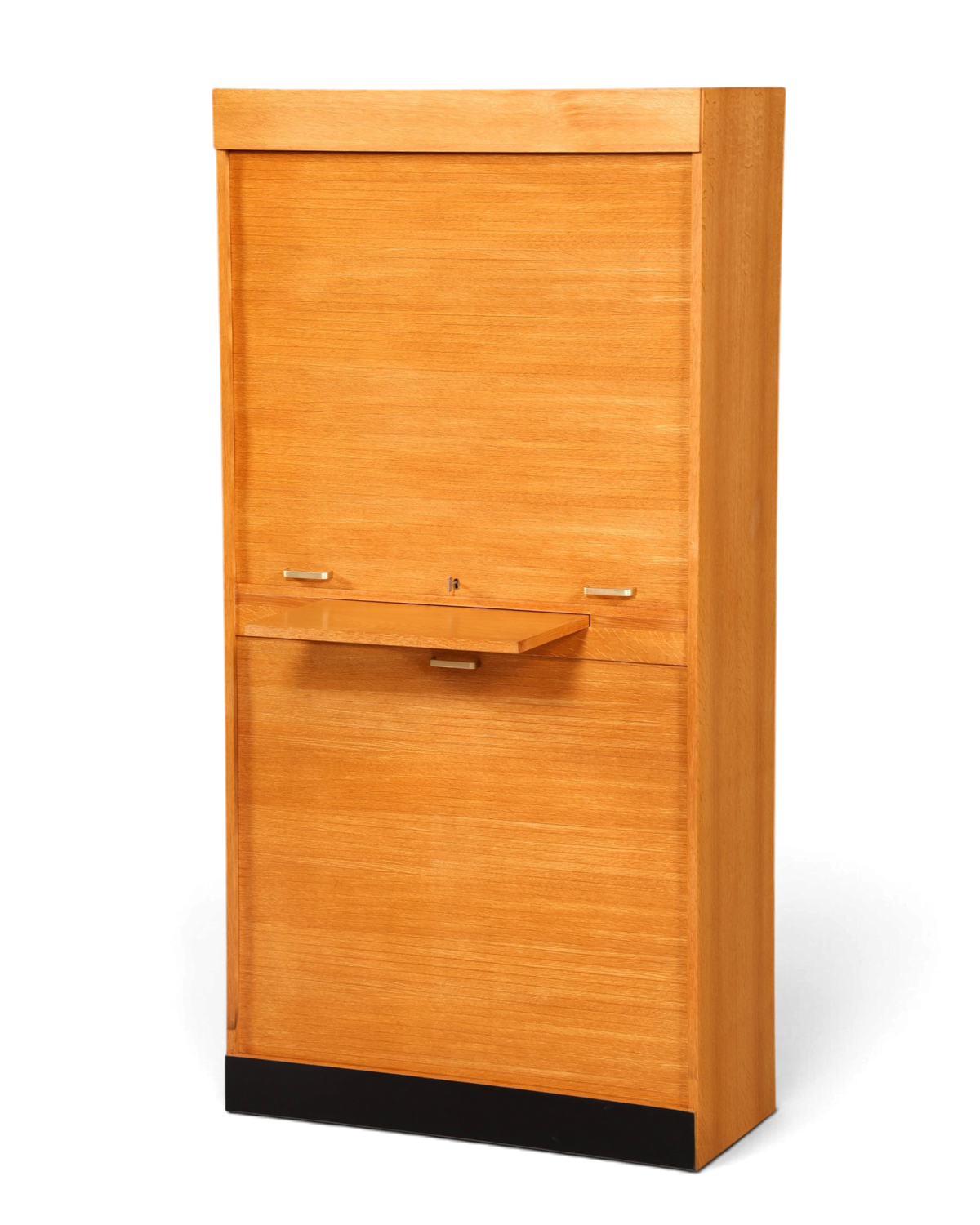 Hauptstadt Möblerei Mid Century Rollladenschrank aus hellem Holz im Bauhaus Stil mit ausklappbarer Ablagefläche