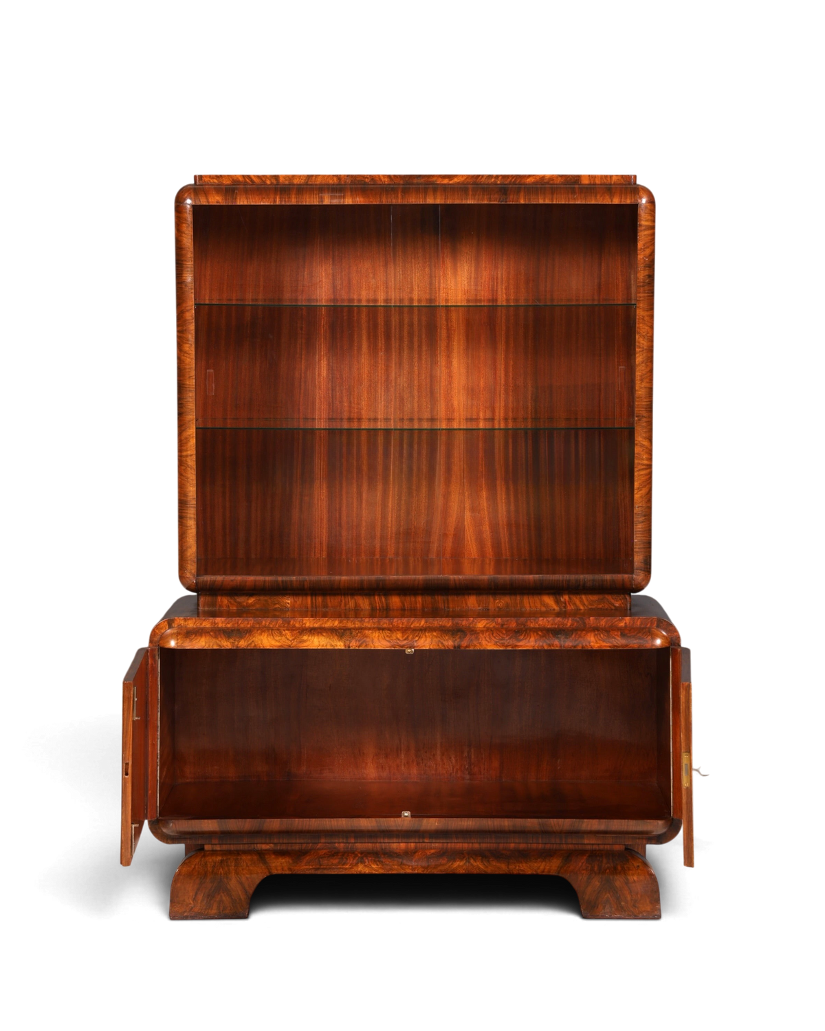 Edle Art Deco Vitrine Nussbaum Vitrine massiv Holz Antik Schrank Regal Vitrinenschrank