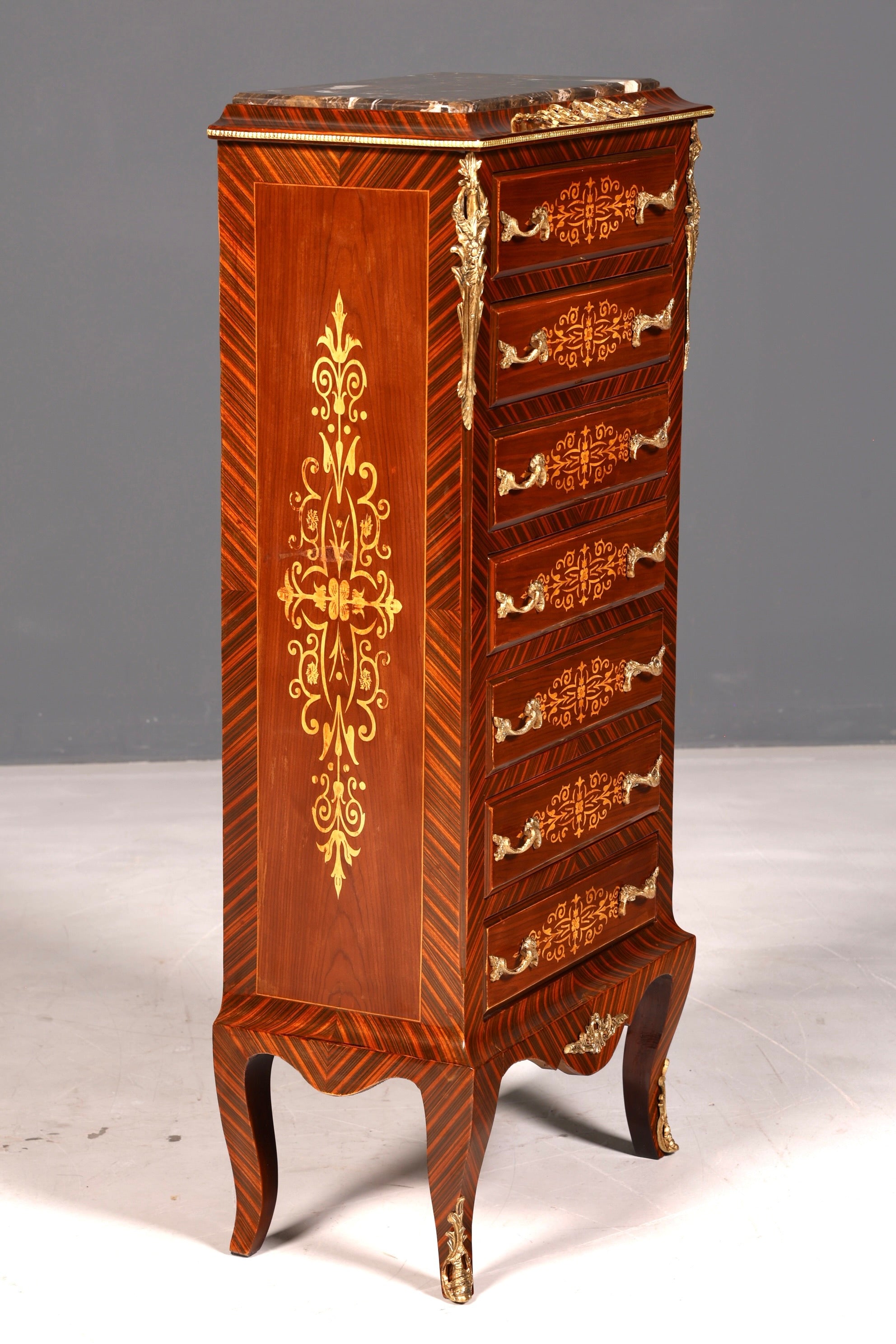 Wunderschönes Barock Stil Louis XV Highboard Marmor Vertiko Intarsien Kommode