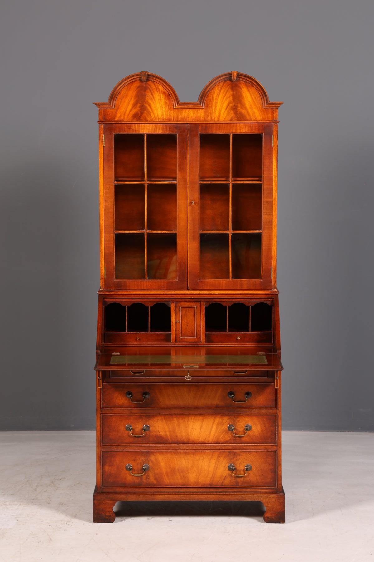 Beautiful English escritoire, secretary desk, bookcase, display cabinet, mahogany, antique office writing desk, UK