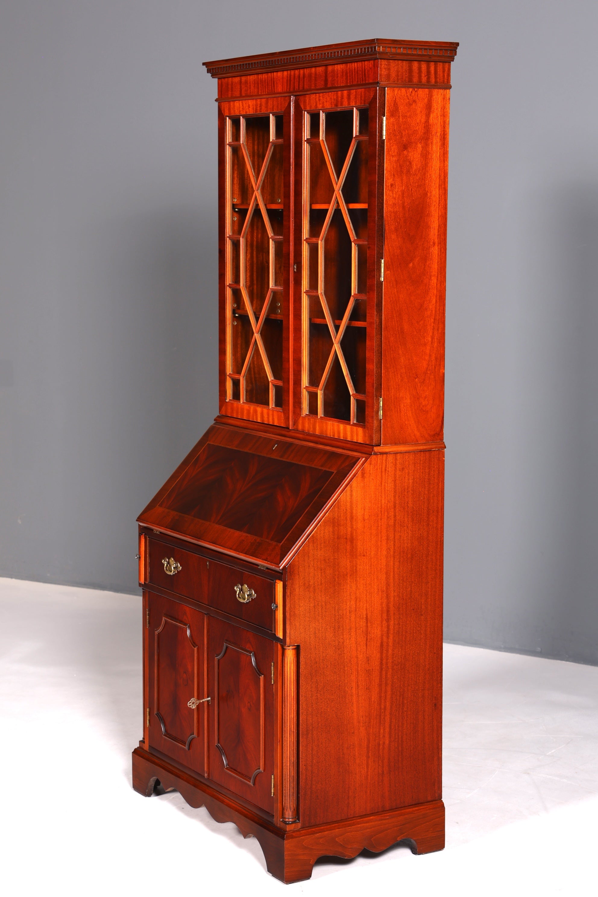 Wunderschöner Englischer Sekretär Büro Aufsatzsekretär Antik 60s Mahagoni Vitrinen Schrank UK