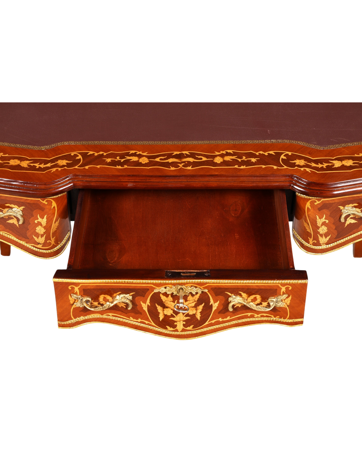Hauptstadt Möblerei Louis XV Schreibtisch aus Massivholz mit Intarsien, Messingbeschlägen und offener Schublade