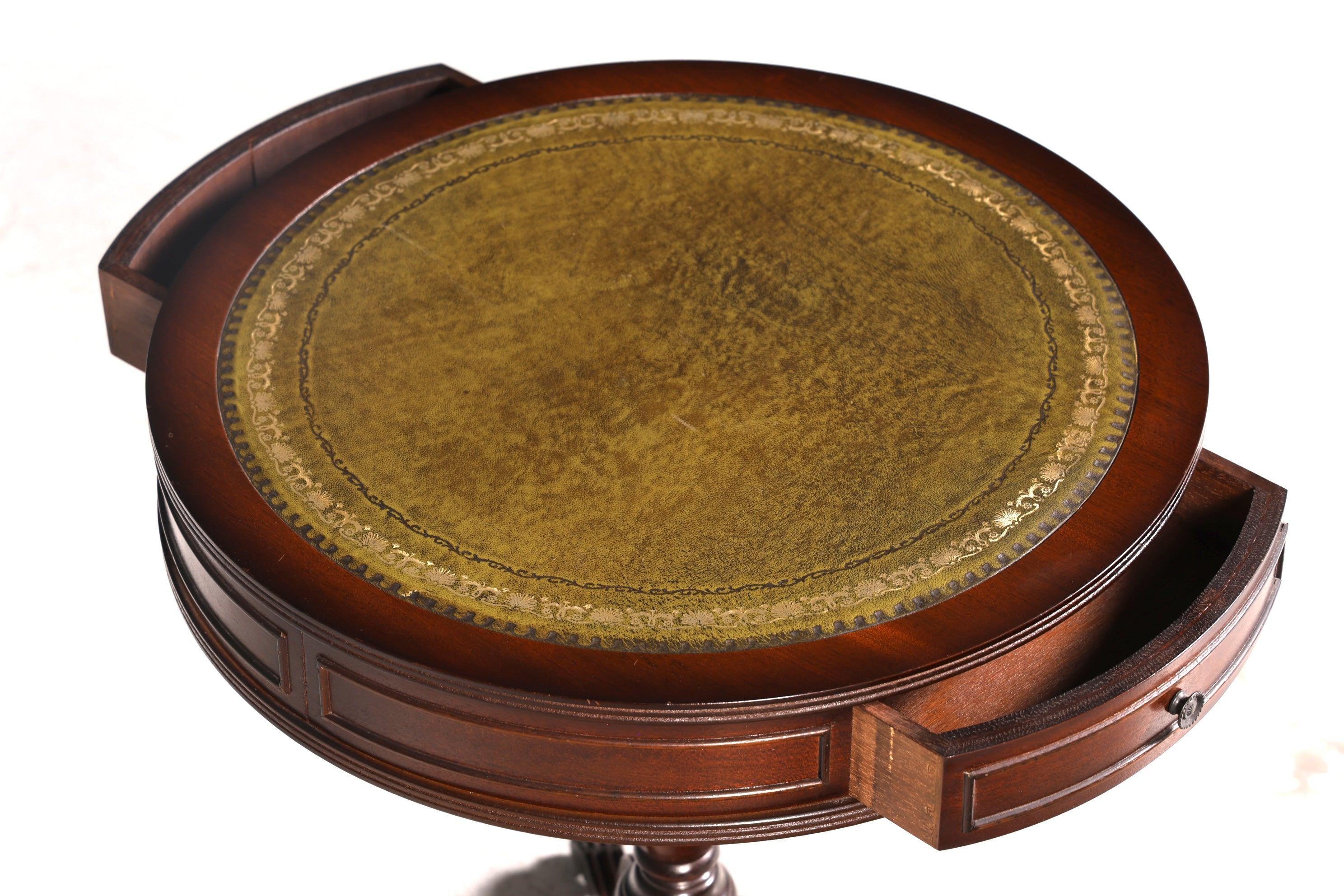 Edler Englischer Trommeltisch Mahagoni Beistelltisch Drum Table mit grüner Lederauflage Antik Vintage