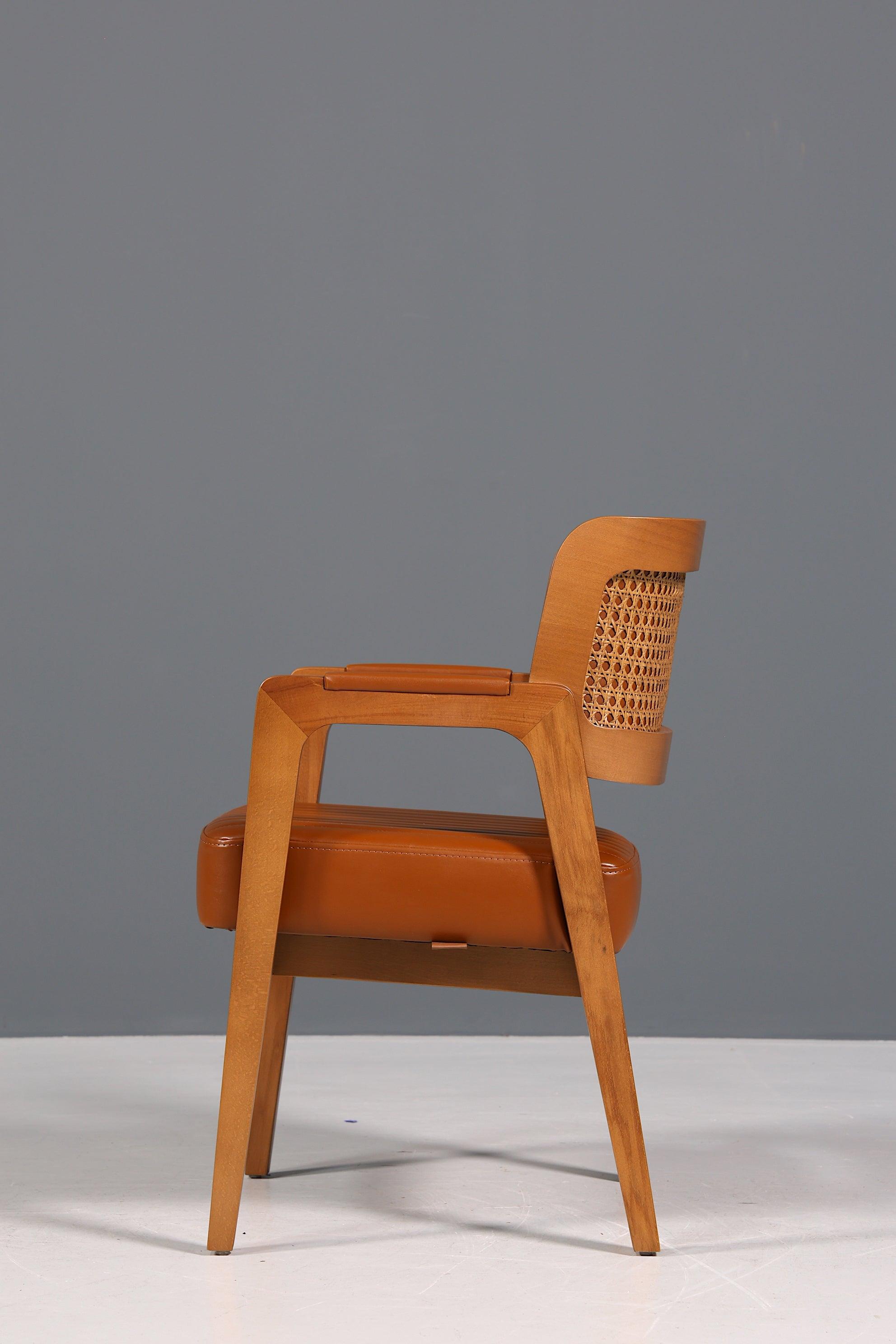 Edler Armlehnstuhl "LIMA" Cognac Esszimmerstuhl mit Korbgeflecht Polsterstuhl Armlehnstuhl Sekretär Stuhl