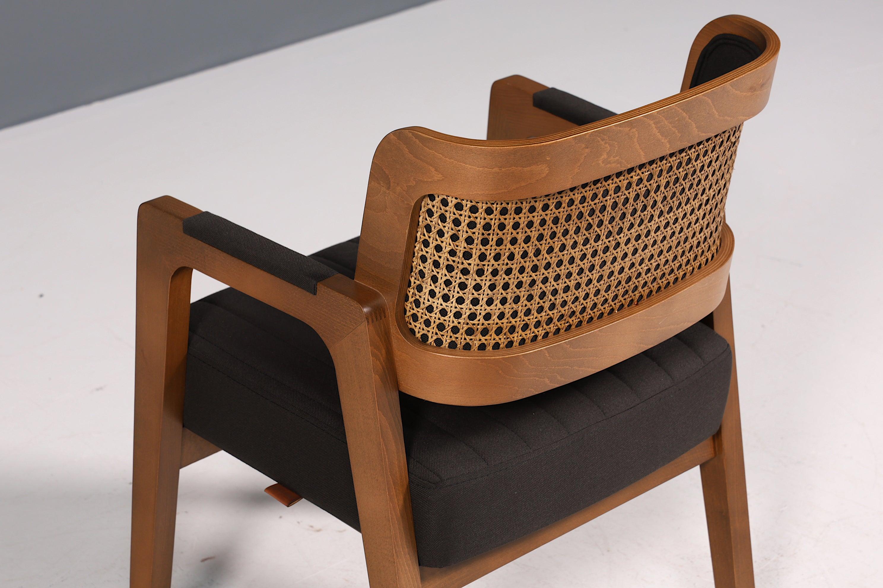 Edler Armlehnstuhl "LIMA" Esszimmerstuhl mit Korbgeflecht Schwarz Stoff Polsterstuhl Küchenstuhl