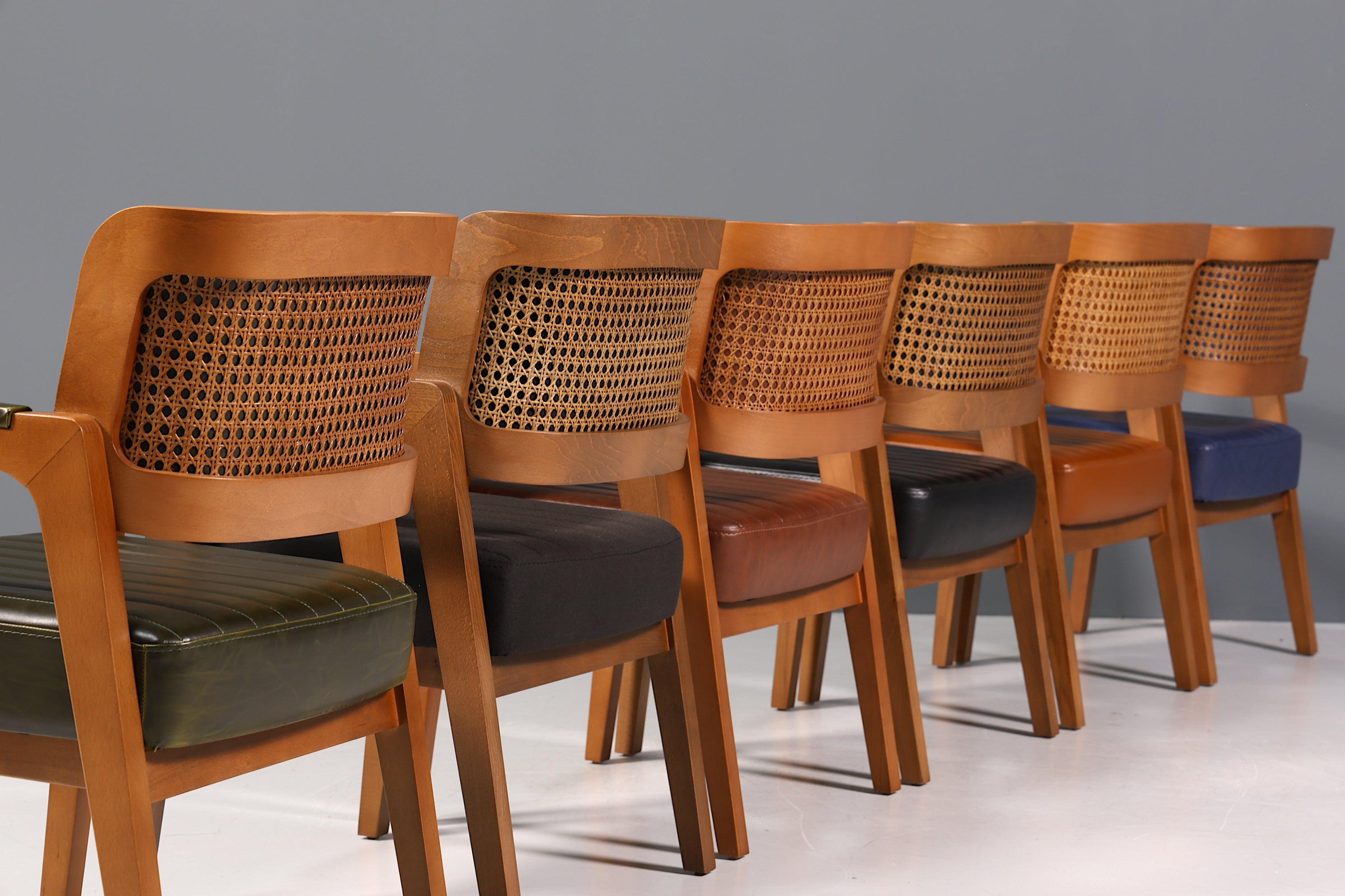 Edler Armlehnstuhl "LIMA" Cognac Esszimmerstuhl mit Korbgeflecht Polsterstuhl Armlehnstuhl Sekretär Stuhl