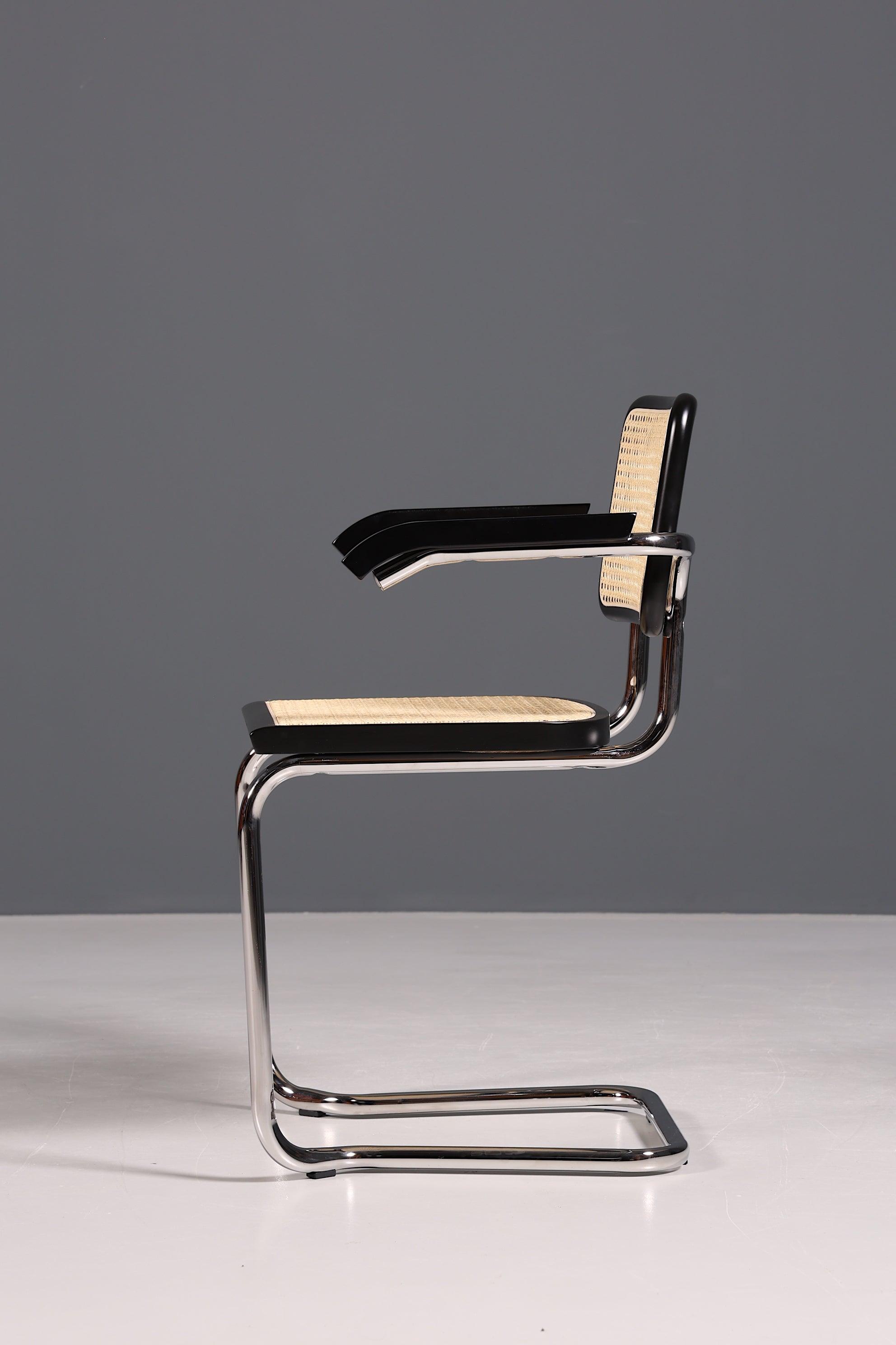 Korbgeflecht Freischwinger Armlehnstuhl "Milano" Made in Italy Schwarz Esszimmer Stuhl Wippstuhl Küchenstuhl