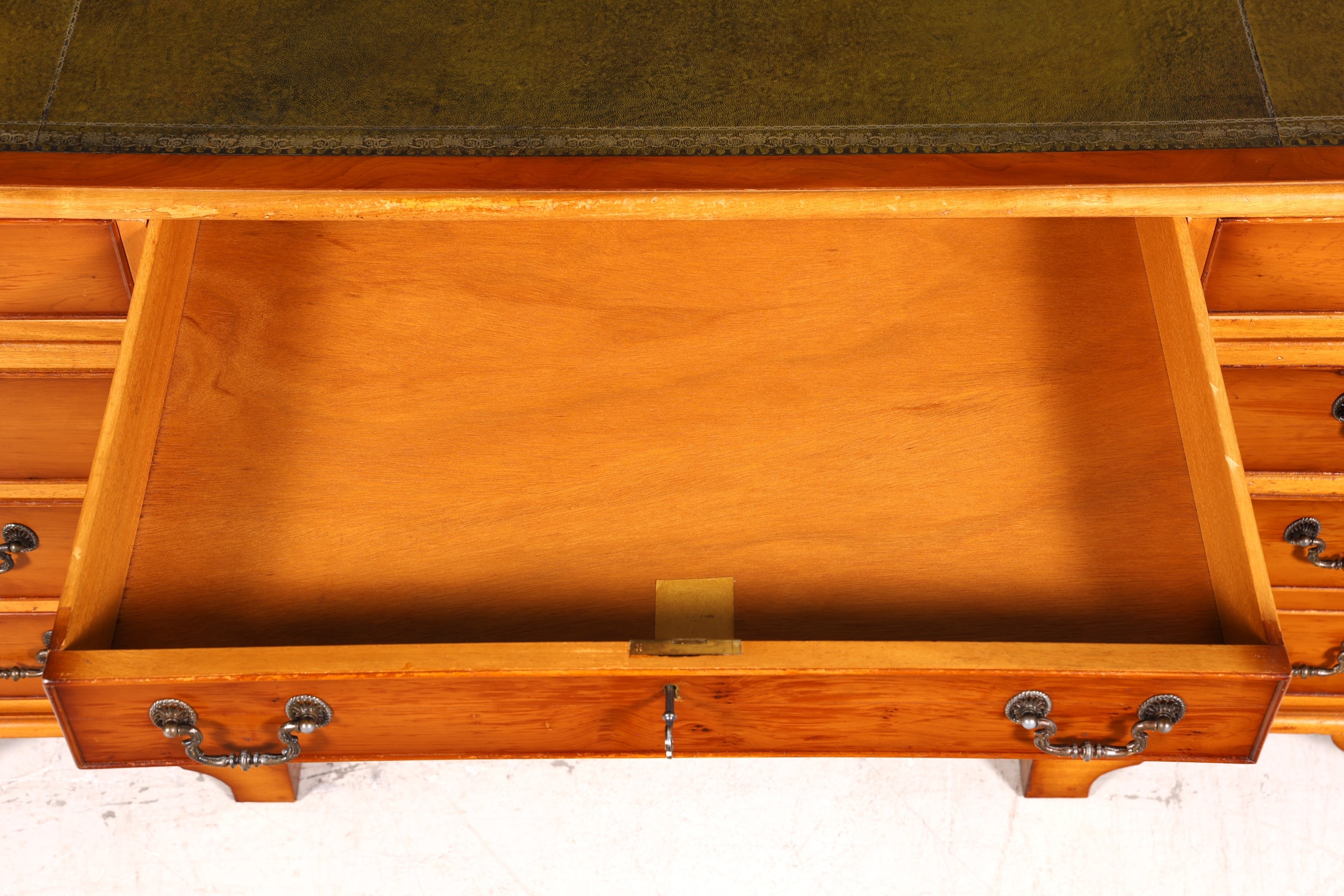 Beautiful English desk, yew wood, leather top, antique style office desk