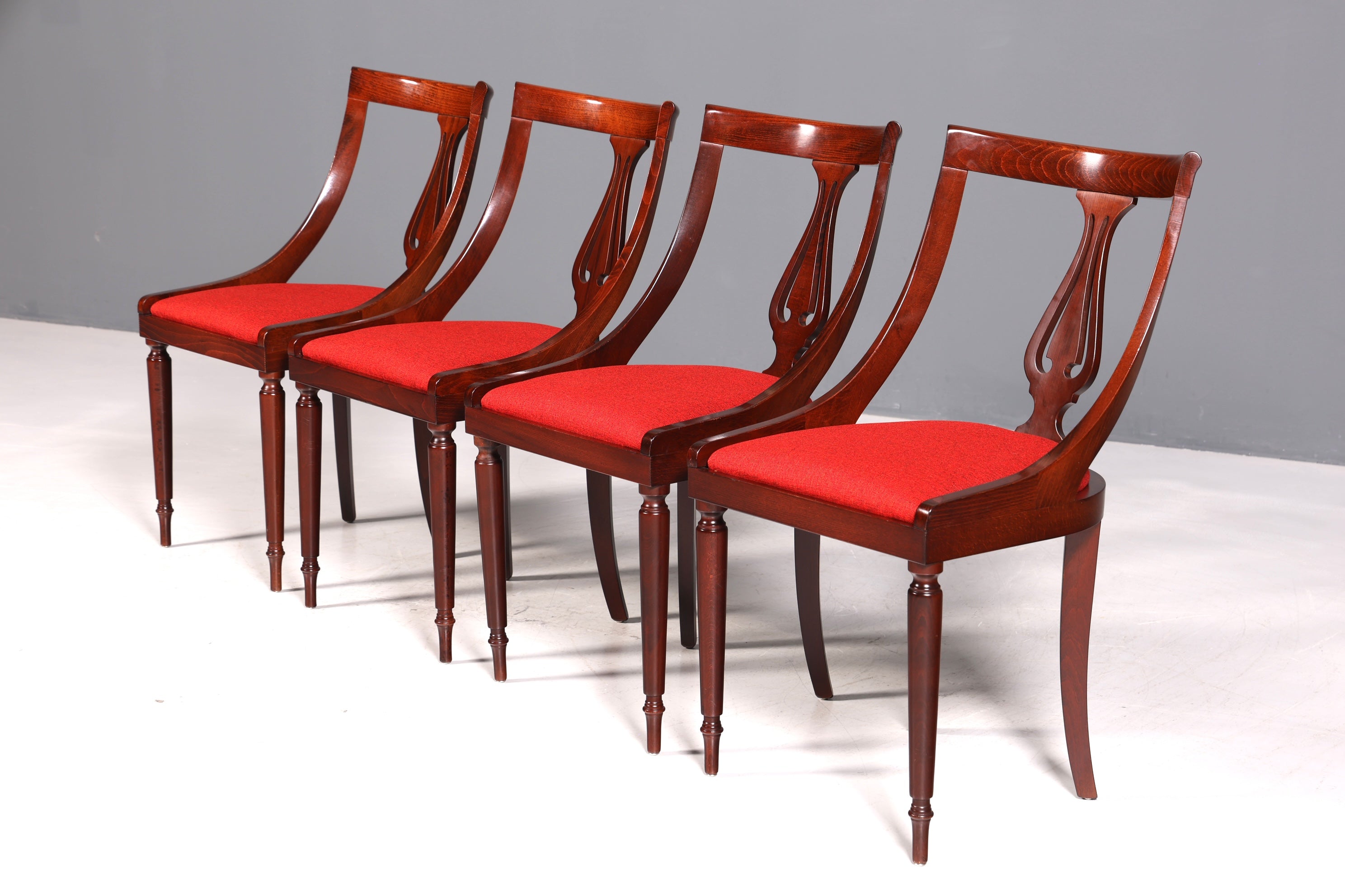4x Elegant English Chairs, English Gondola Chair Set, Dining Chairs, Antique 60s Mahogany Kitchen Chairs, Chair Set
