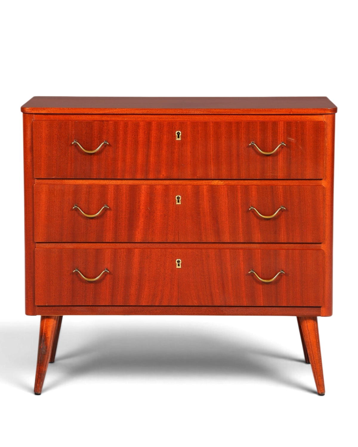 Hauptstadt Möblerei Mid Century Kommode aus massivem Holz mit drei Schubladen und Messinggriffen im 60er Jahre Design