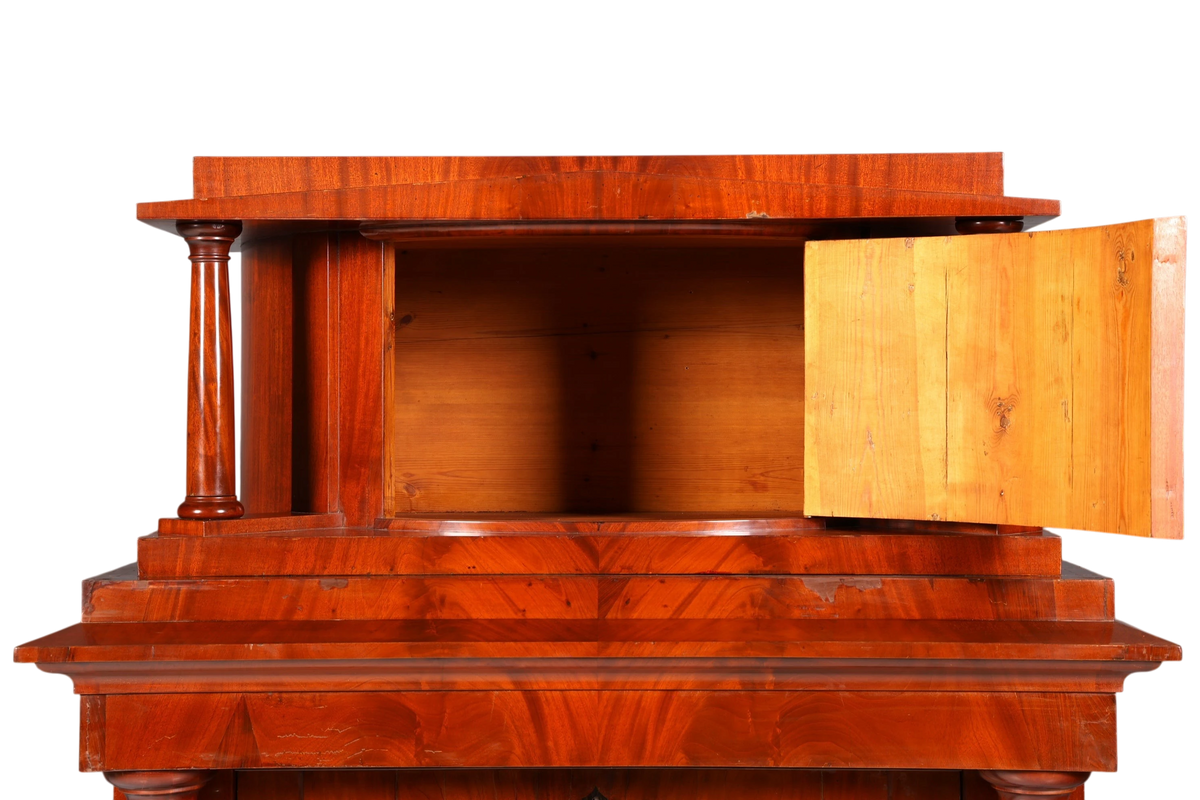 Hauptstadt Möblerei Biedermeier sekreter 1860 yapımı masif ahşap sütunlu antika büro komodini açık kapaklı
