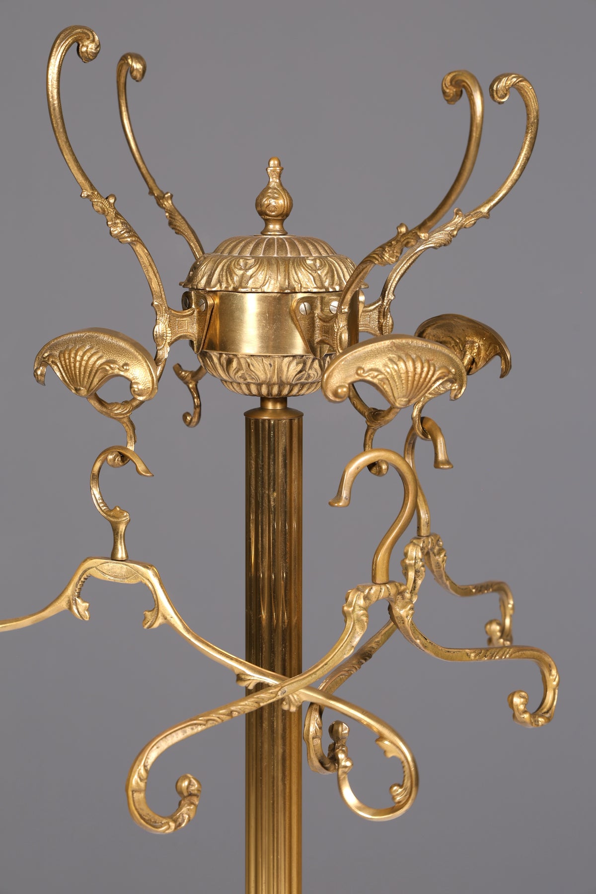 Ornate Art Nouveau brass coat rack with clothes hooks, antique hallway coat stand