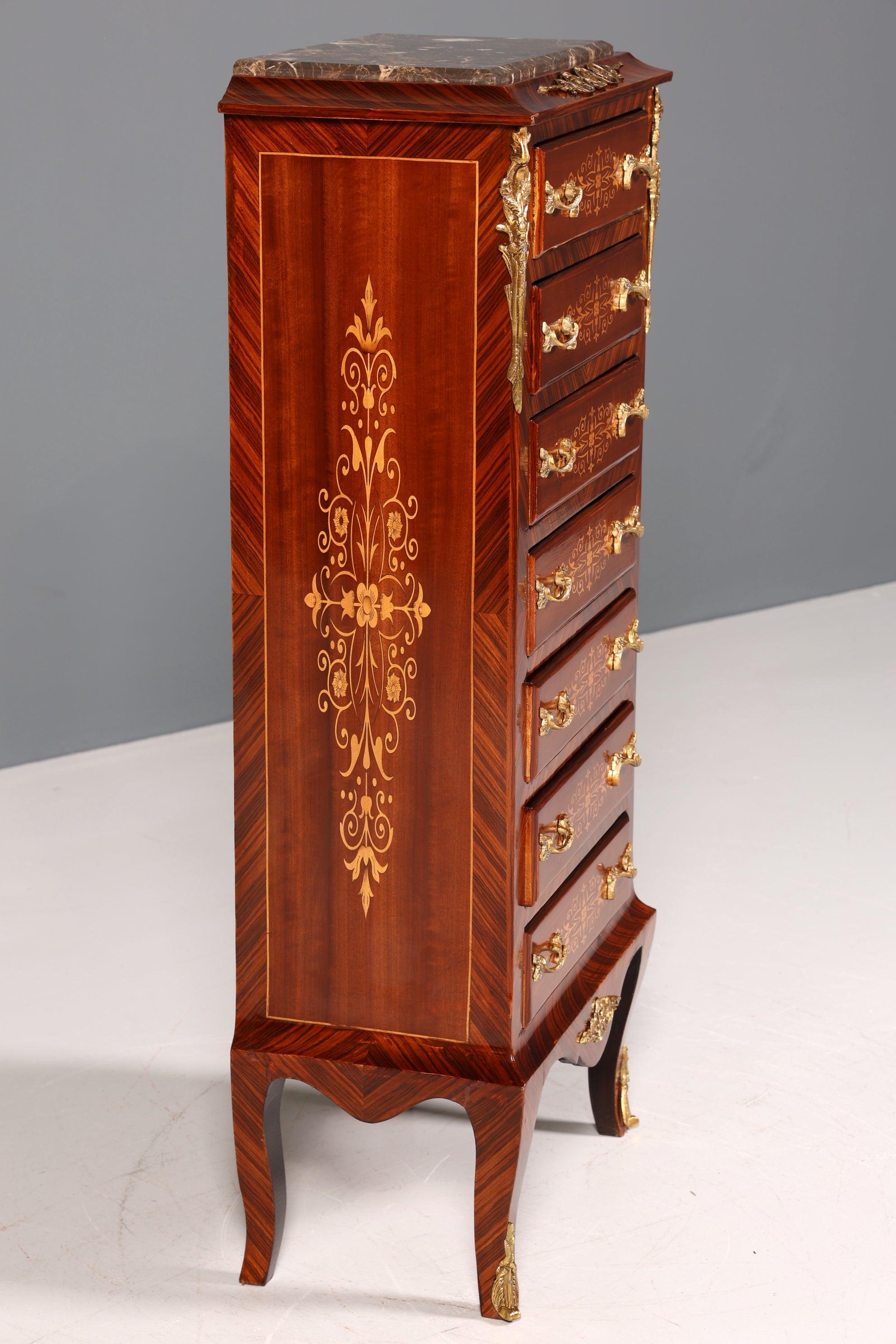 Wunderschönes Barock Stil Louis XV Highboard Marmor Vertiko Intarsien Kommode