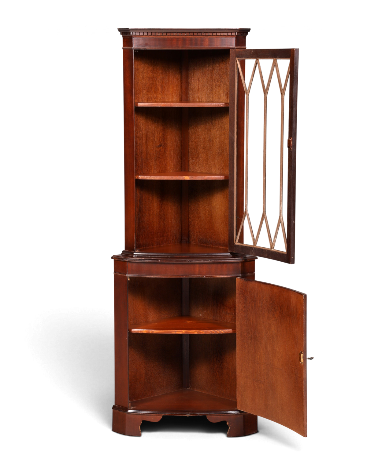Hauptstadt Möblerei englische Eckvitrine aus Mahagoni mit verglaster Tür und Regalböden im Vintage-Stil