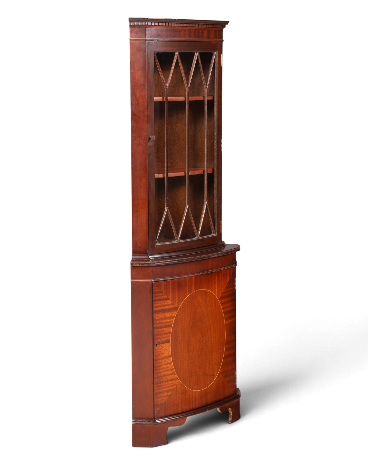 Hauptstadt Möblerei englische Eckvitrine aus Mahagoni mit verglaster Tür und Intarsien im Vintage-Stil