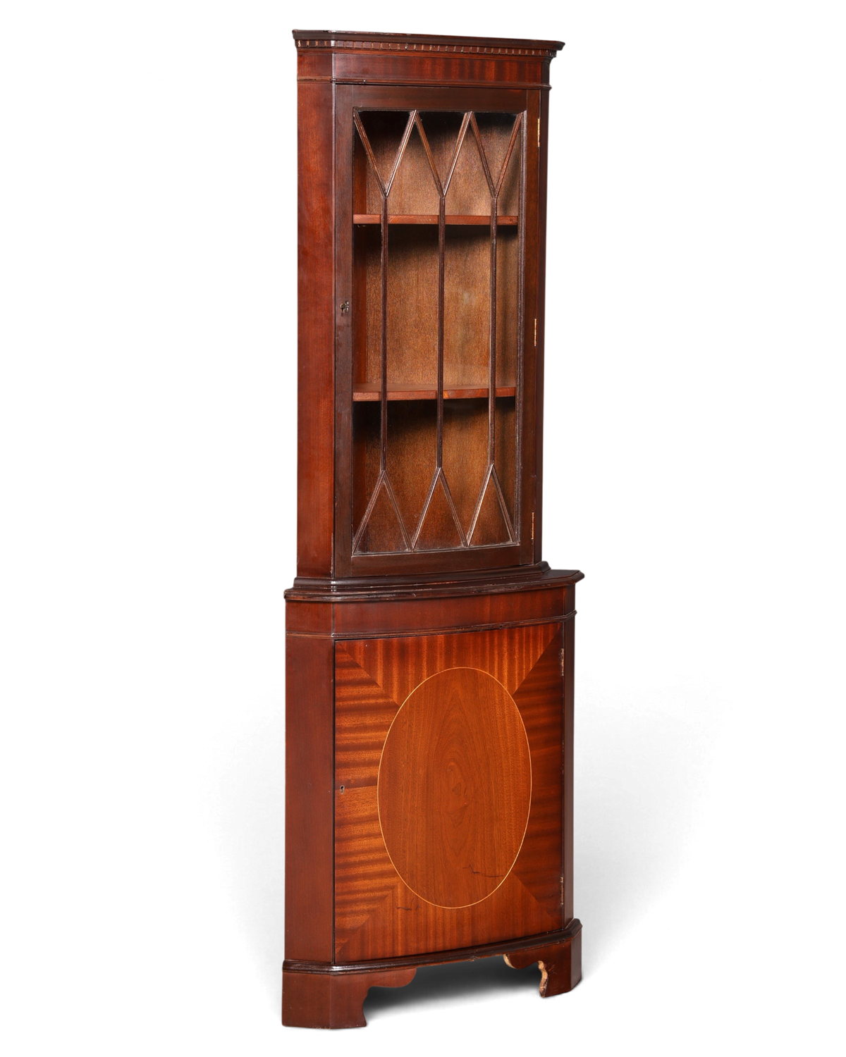 Hauptstadt Möblerei englische Eckvitrine aus Mahagoni mit verglaster Tür und Intarsien im Vintage-Stil