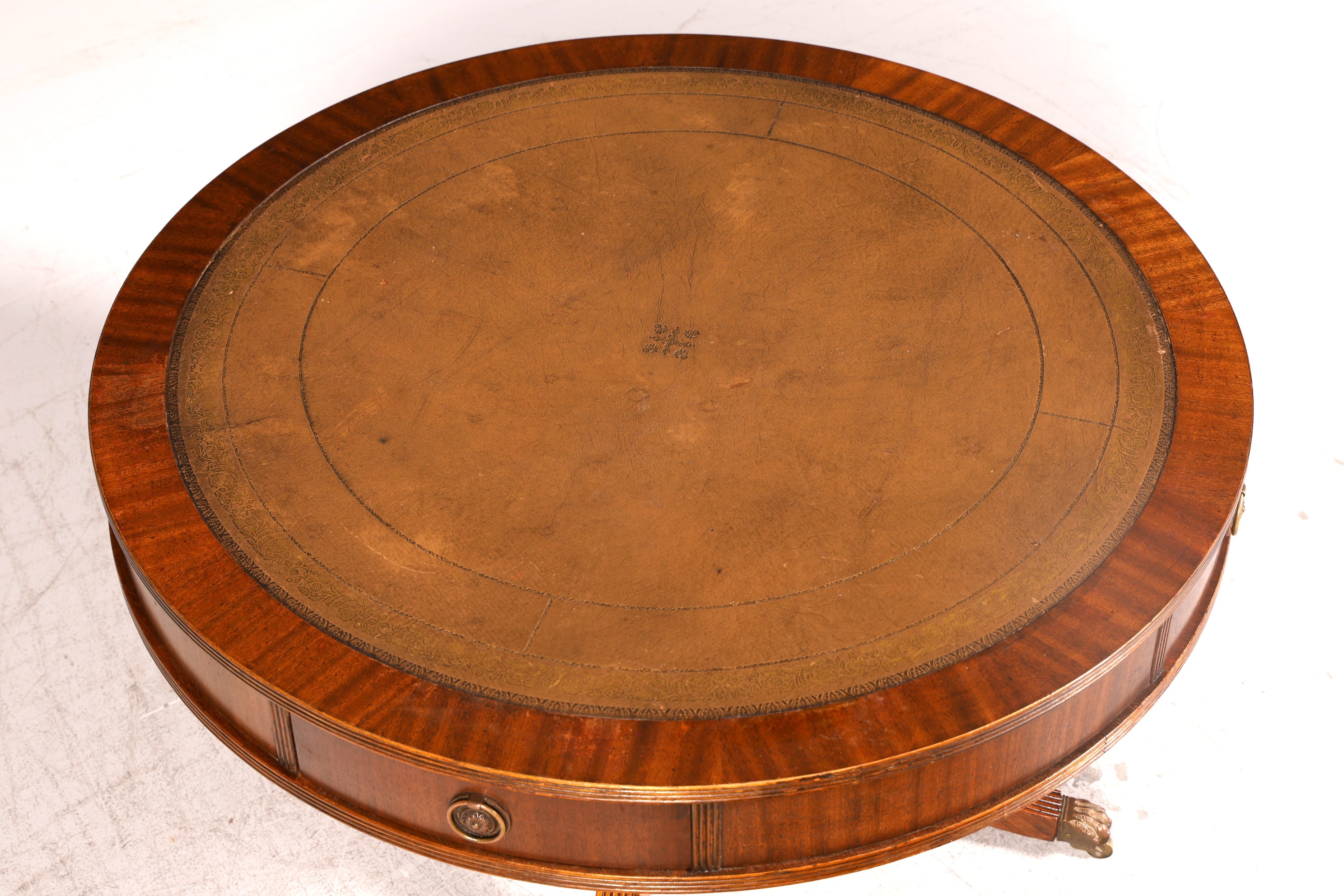 Wunderschöner Englischer Trommeltisch Couchtisch Mahagoni Regency Echt Lederauflage Drum Table Beistelltisch Antik Vintage