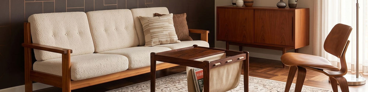 Mid-Century-Wohnzimmer mit Holzsofa und Couchtisch