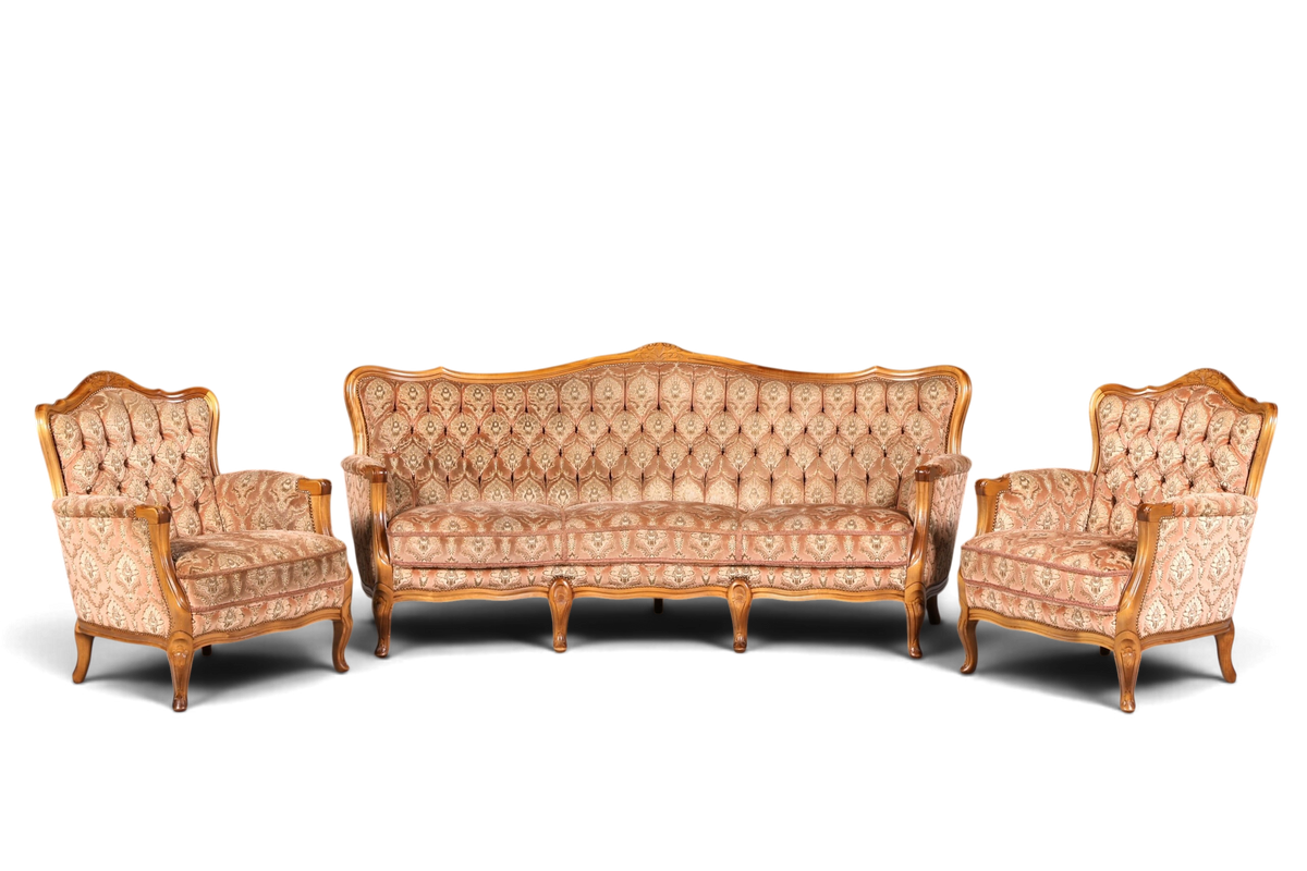 Hauptstadt Möblerei Chippendale Sitzgruppe mit Sofa und zwei Sesseln in Barock Stil mit gemustertem Samtstoff