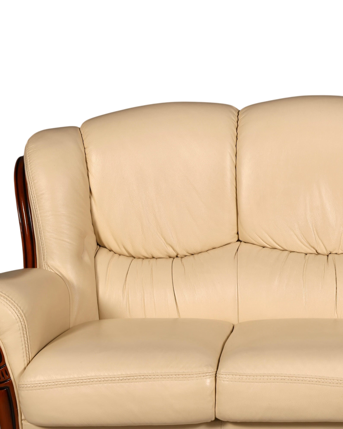 Hauptstadt Möblerei H898 Sofa in Creme mit hochwertigem Lederbezug und dunklen Holzarmlehnen