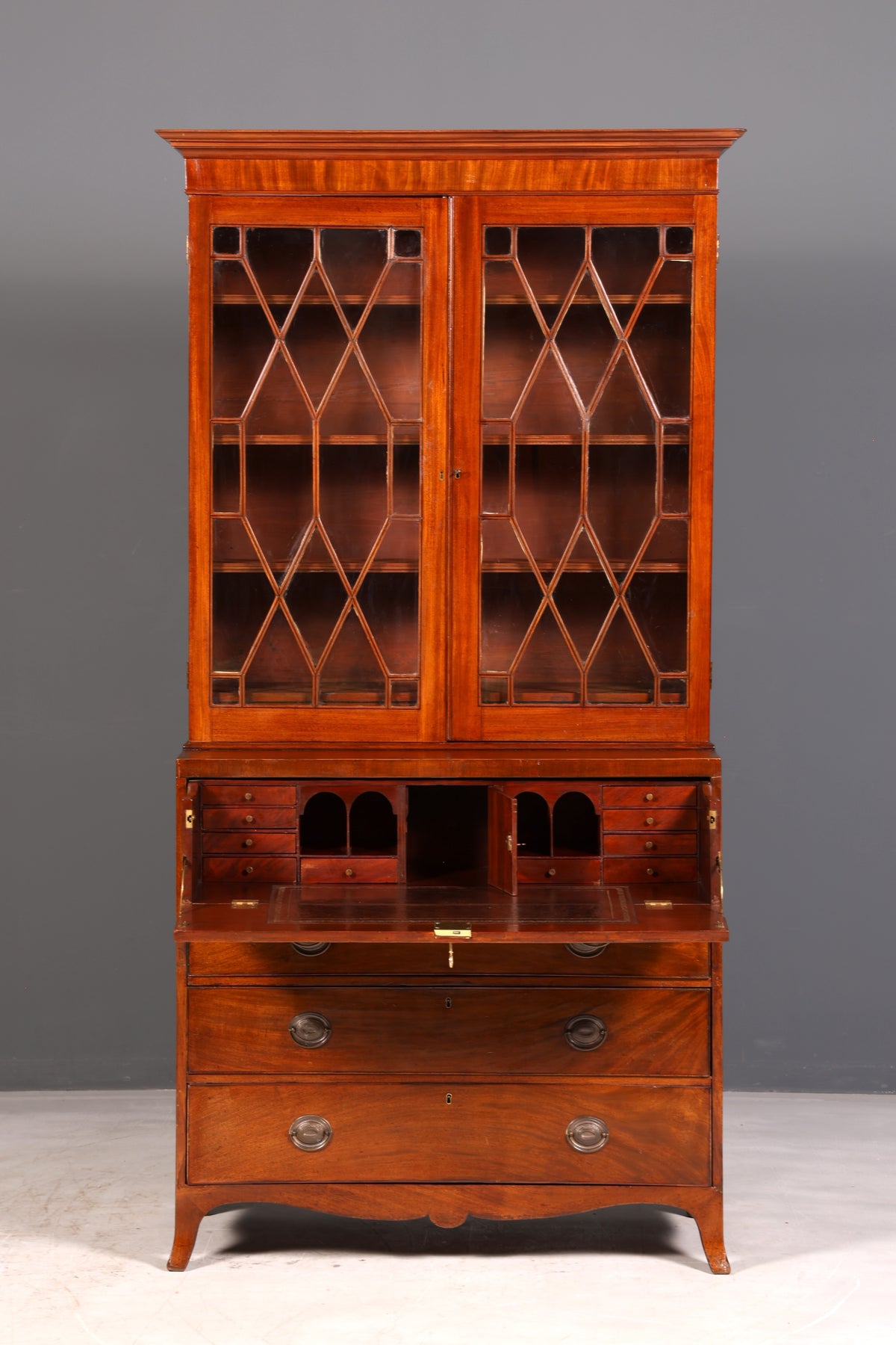 Beautiful antique English secretary desk with hutch, bookcase, display cabinet, mahogany office writing cabinet, UK