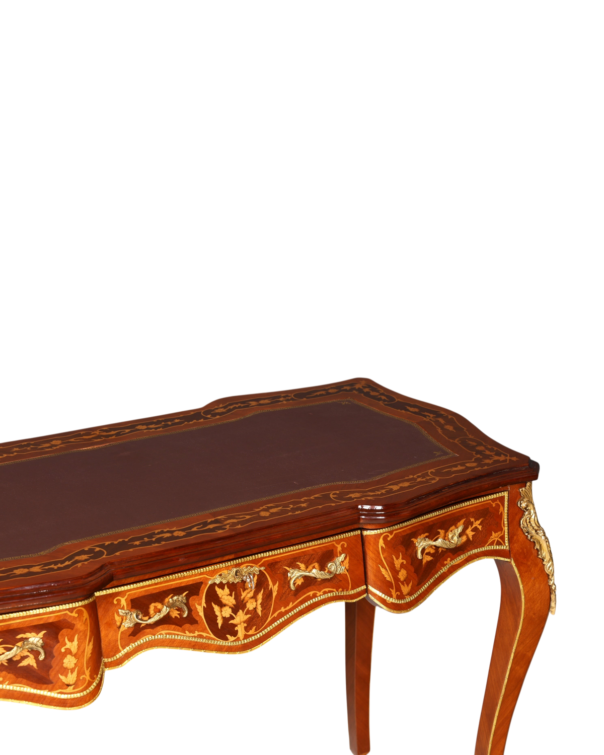 Hauptstadt Möblerei Schreibtisch im Louis XV Stil aus Massivholz mit Intarsien und dekorativen Messingbeschlägen