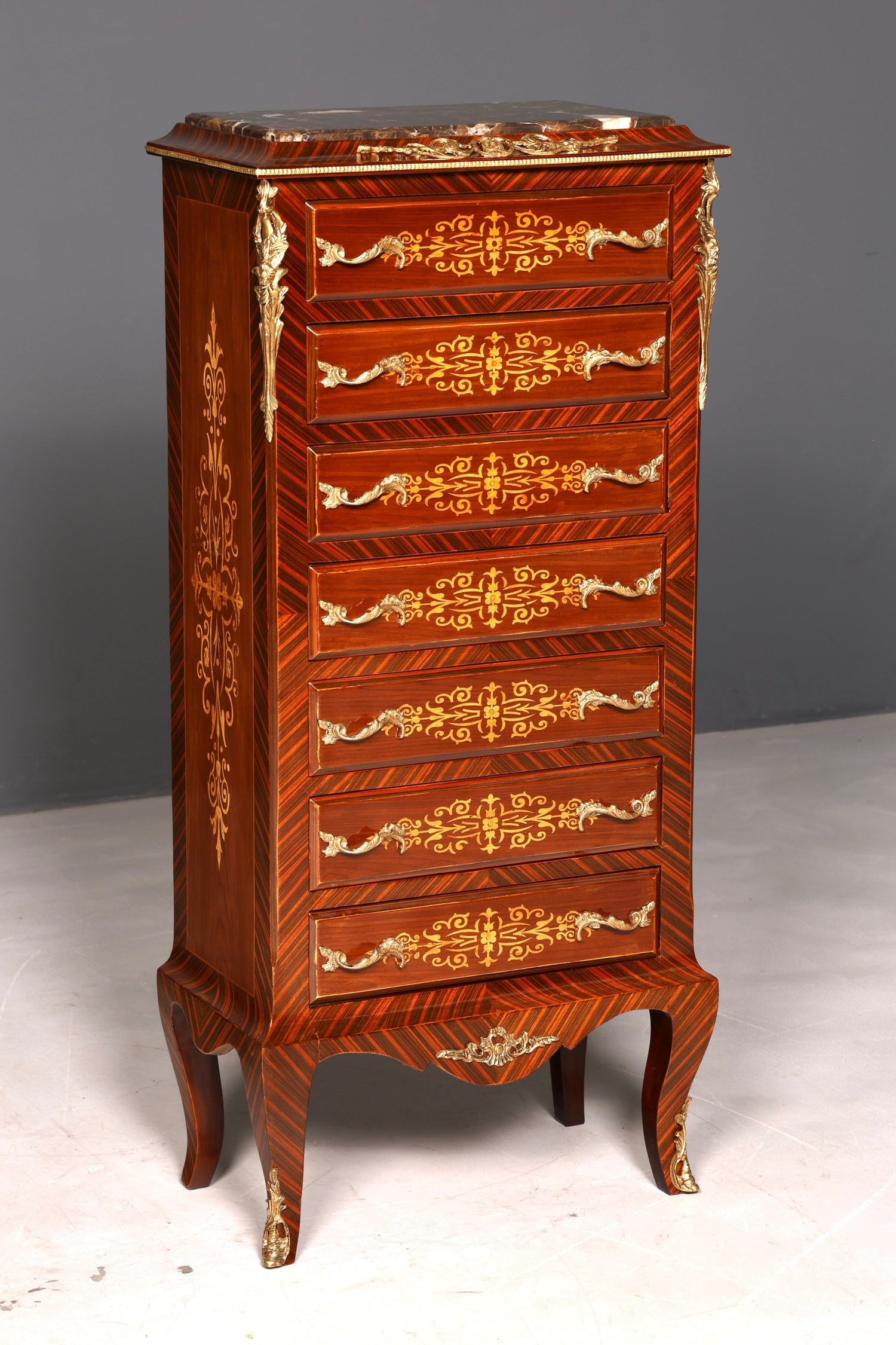 Wunderschönes Barock Stil Louis XV Highboard Marmor Vertiko Intarsien Kommode